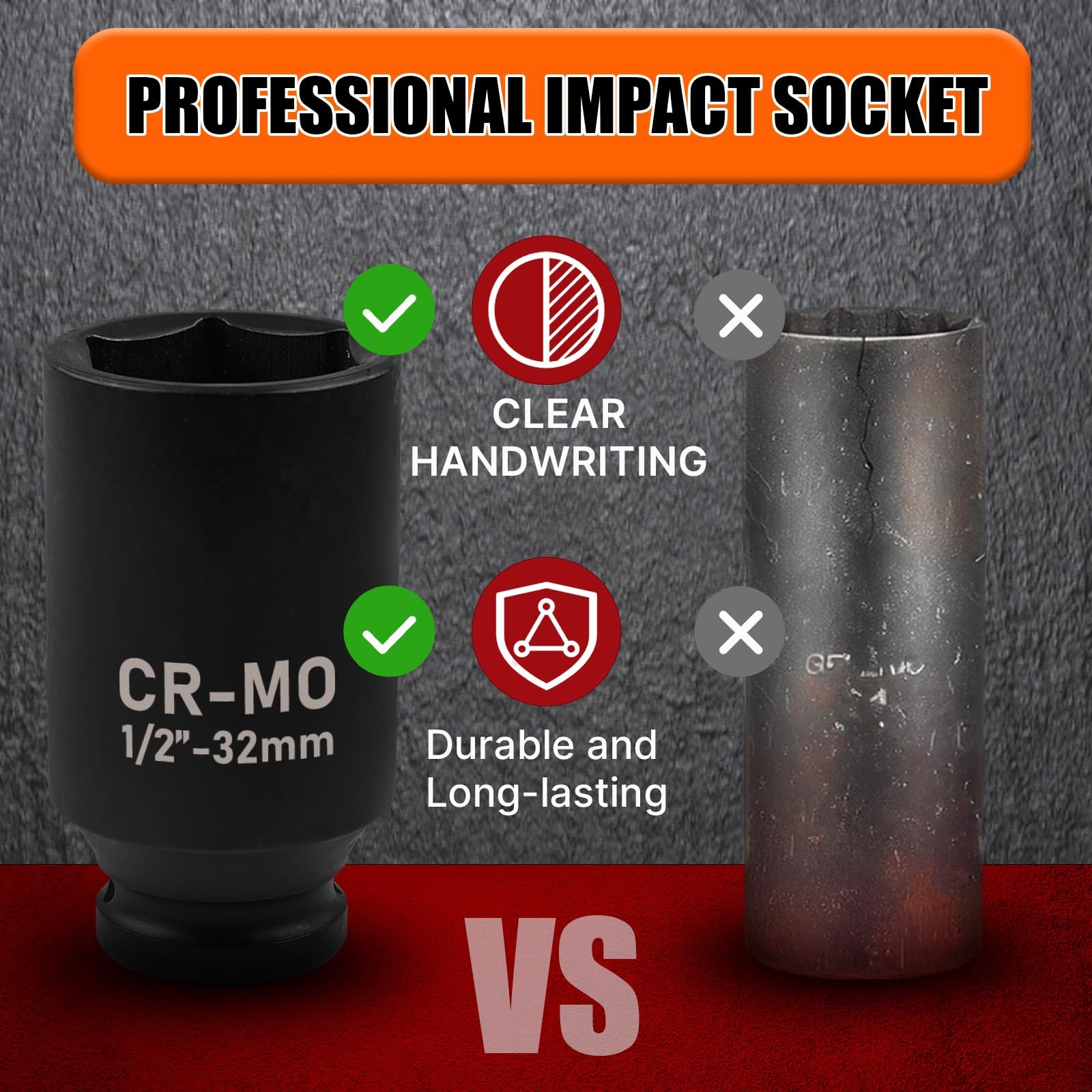 EGOFIX 22mm Socket 1/2" Drive Deep Impact Metric Socket,CR-MO 22mm,