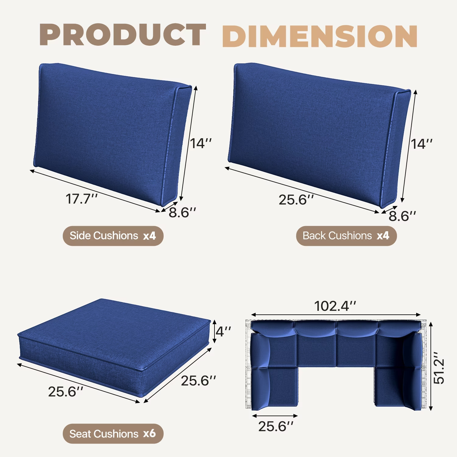 6-Person Navy Blue Outdoor Sectional Sofa Cushions, Waterproof