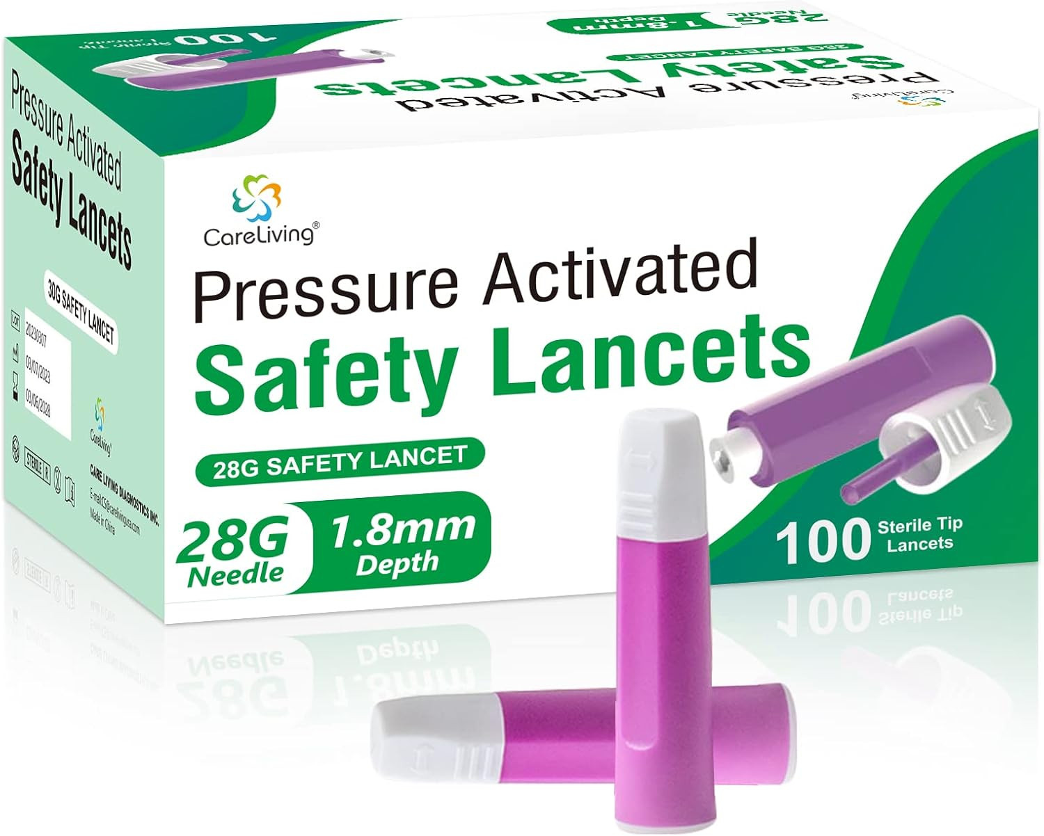 Safety Lancets, 100 Count Sterile, Pressure Activated Activation, 28 Gauge Needl