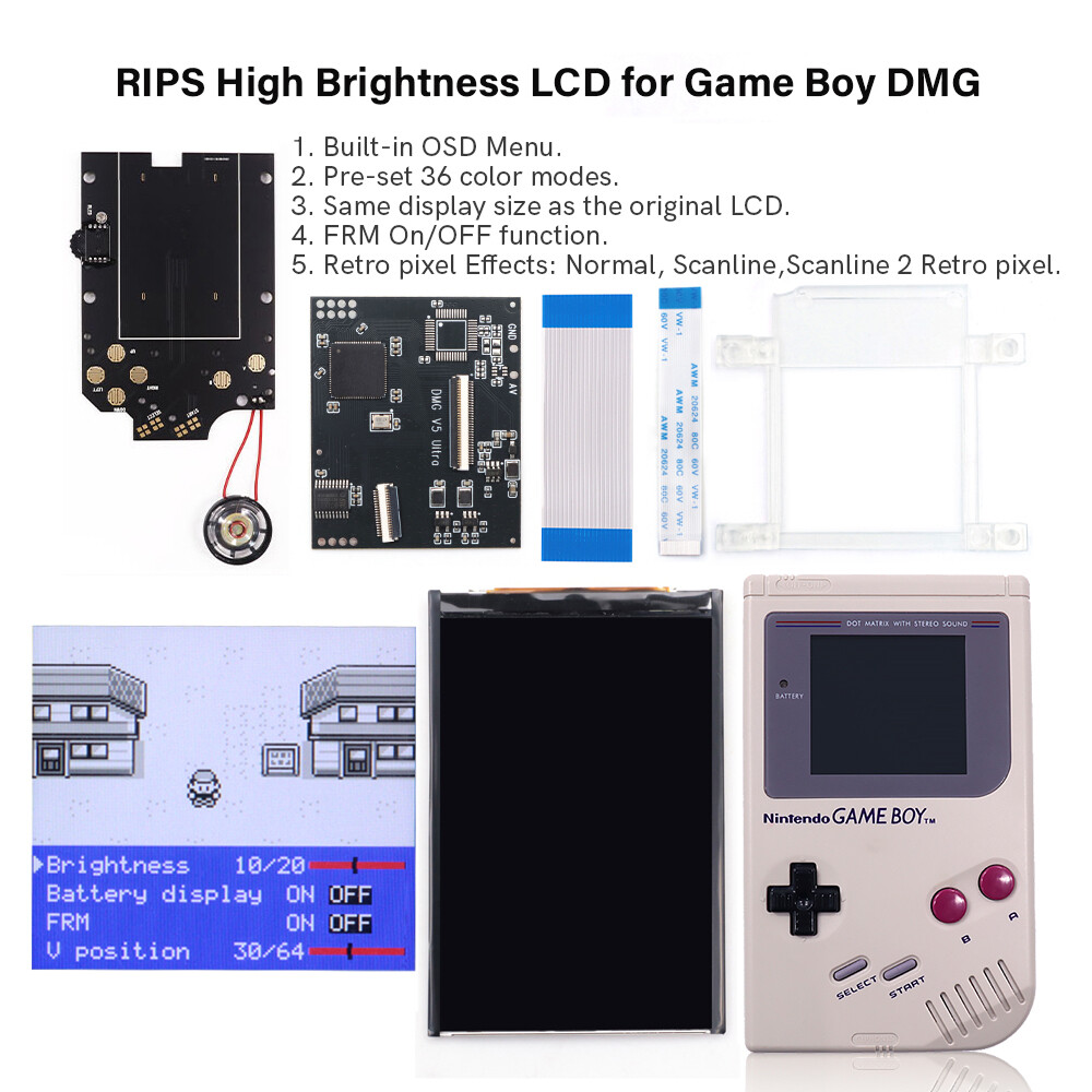 For Nintendo GameBoy DMG/GBO of 36Color V5 IPS Backlight LCD Mod+Shell+Speaker