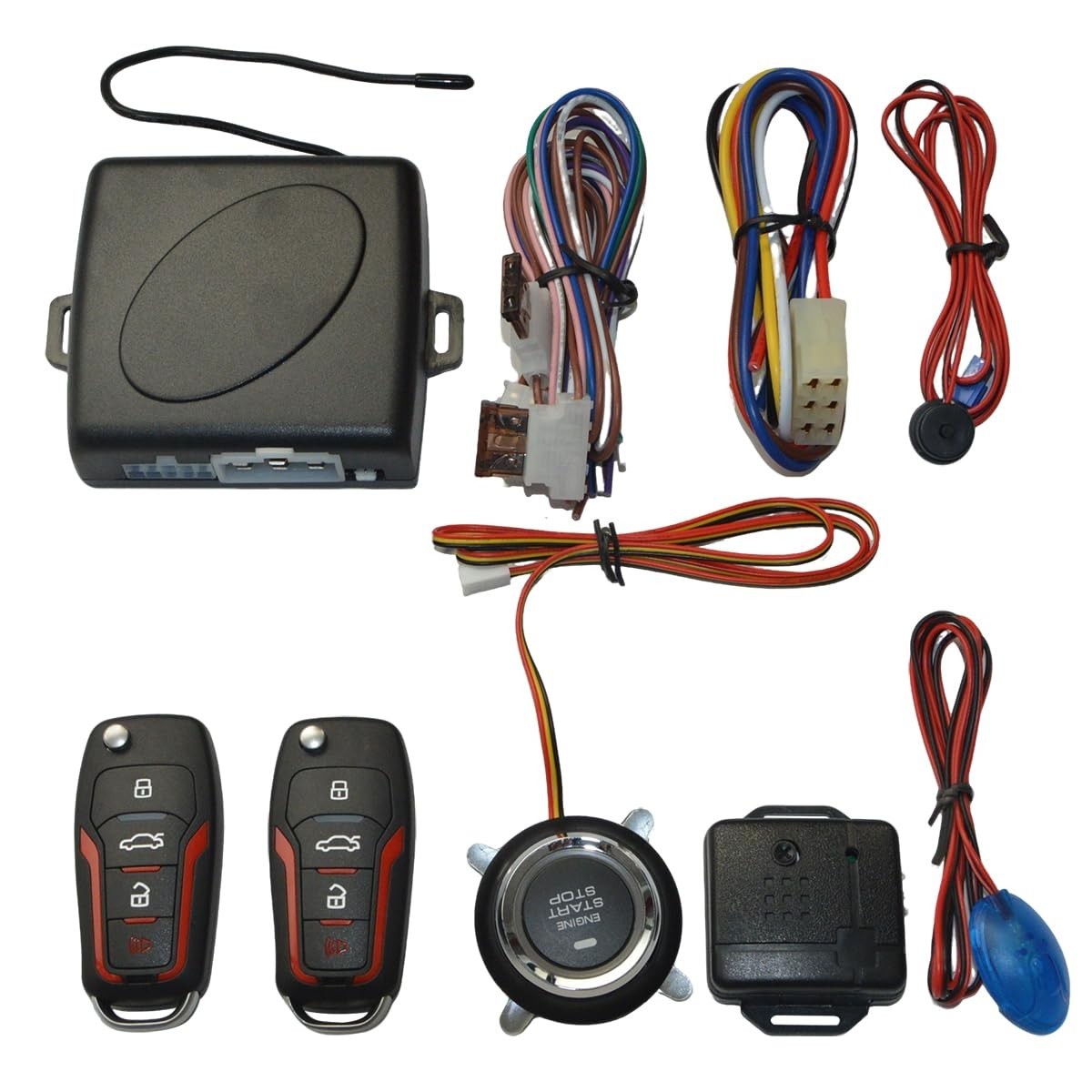 Car Alarm System with Remote Start, Keyless Entry & Push Button Ignition Kit - F