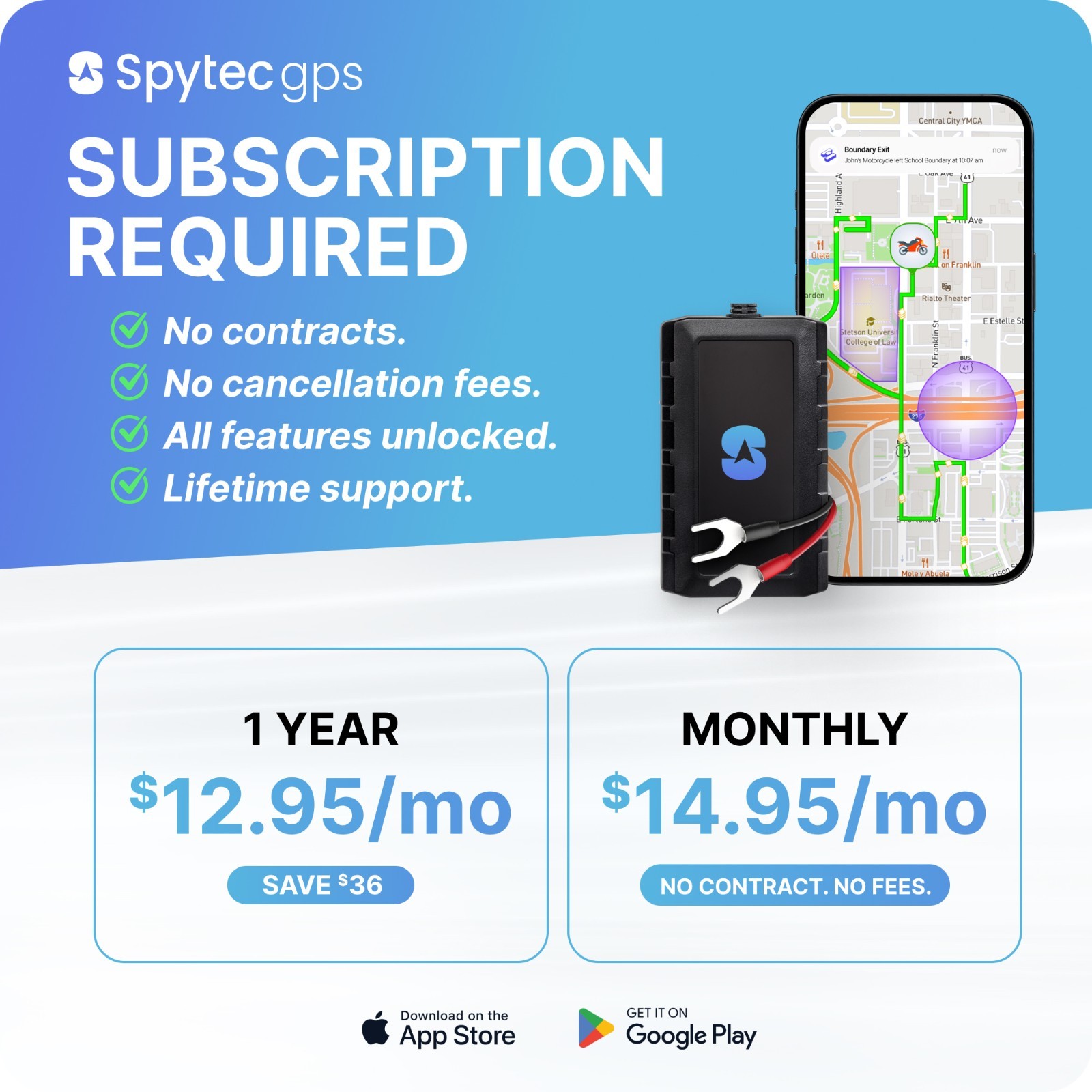 Spytec GPS Motorcycle Tracker - Waterproof Real-Time Tracking with Trip history