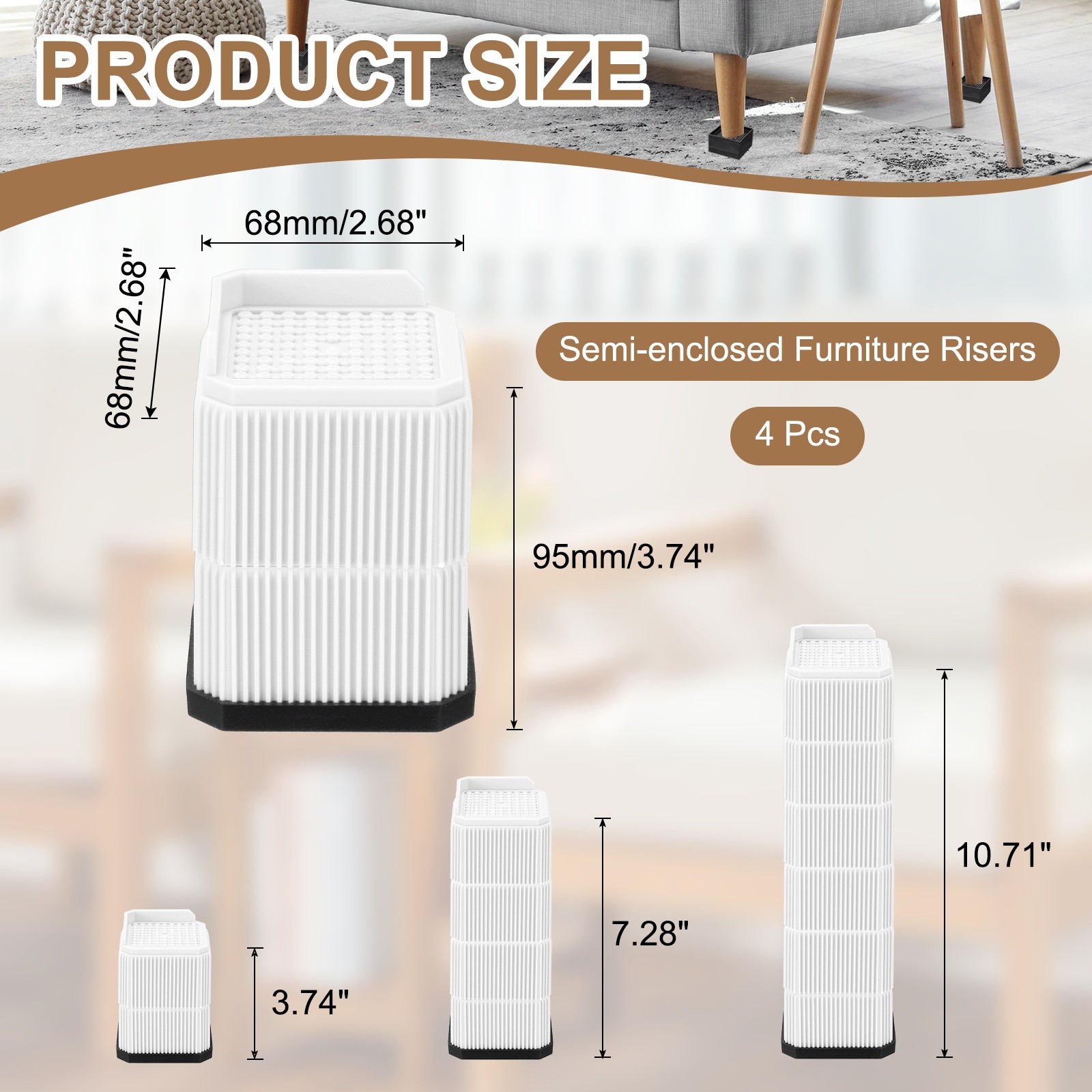 Bed Risers, Square Heavy Duty Stackable Lift Block to 2 Inch & 3.7 Inch, White