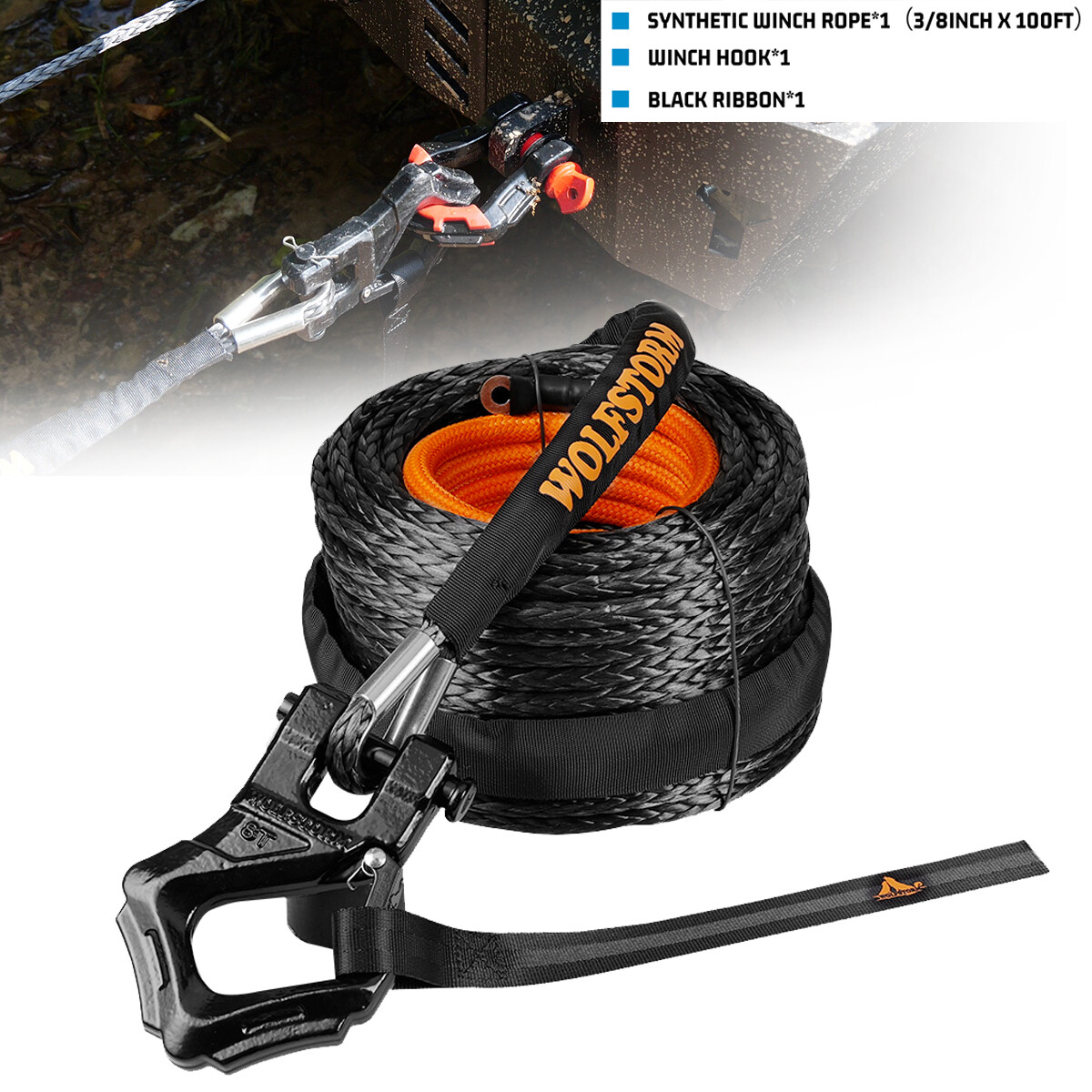 25500LBS 3/8"x100ft Synthetic Winch Rope Winch Line Cable Rope w/Winch Hook
