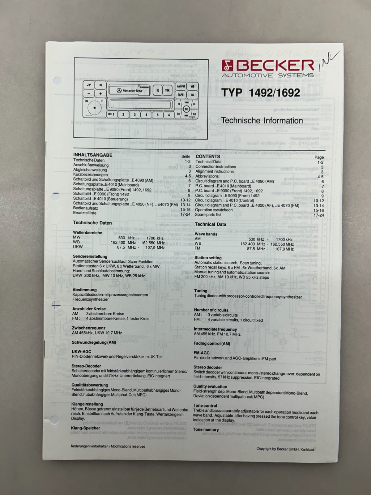 Becker 1492 1692 Original Service Manual Free Shipping