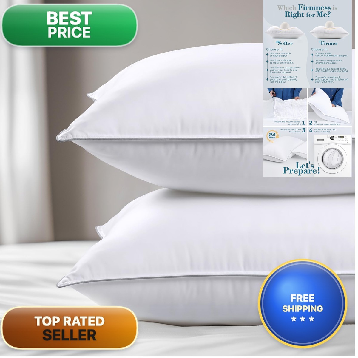 Viewstar Bed Pillows Set 2, Firm Support Down Alternative Pillows Side, Back