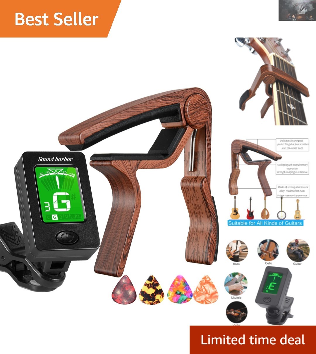 Elegant Rosewood Guitar Capo with Tuner & Picks - Perfect for String Instruments