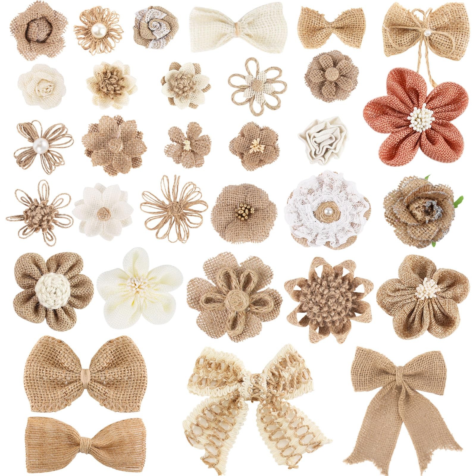 32 PCS Natural Burlap Flowers Set Burlap Bows and Scrapbook Embellishments fo...
