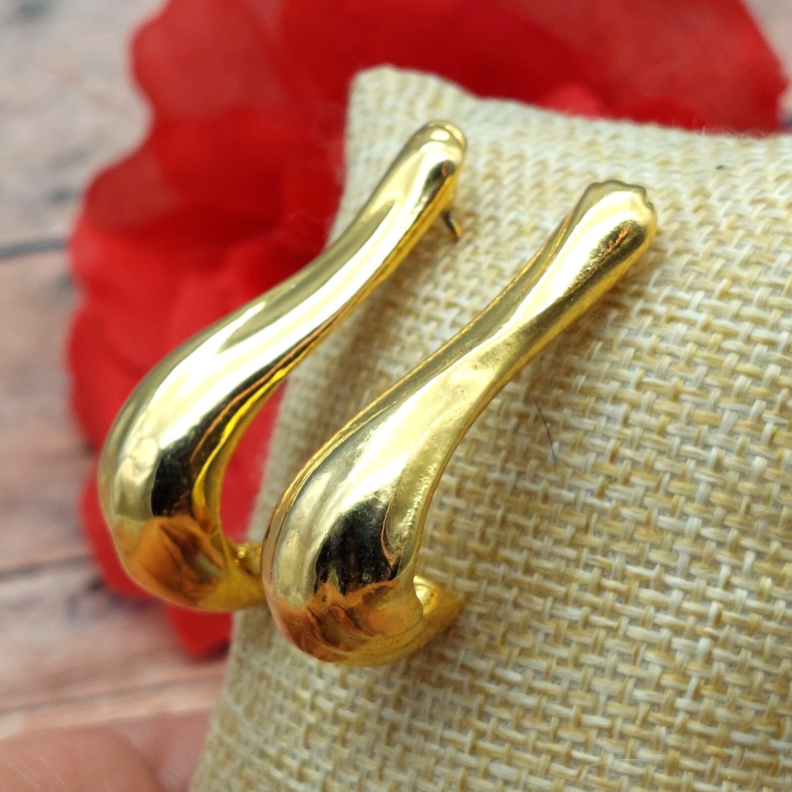 Beautiful Gold Tone Drop Earrings "J" Shaped 1.5" Pierced Elegant Career