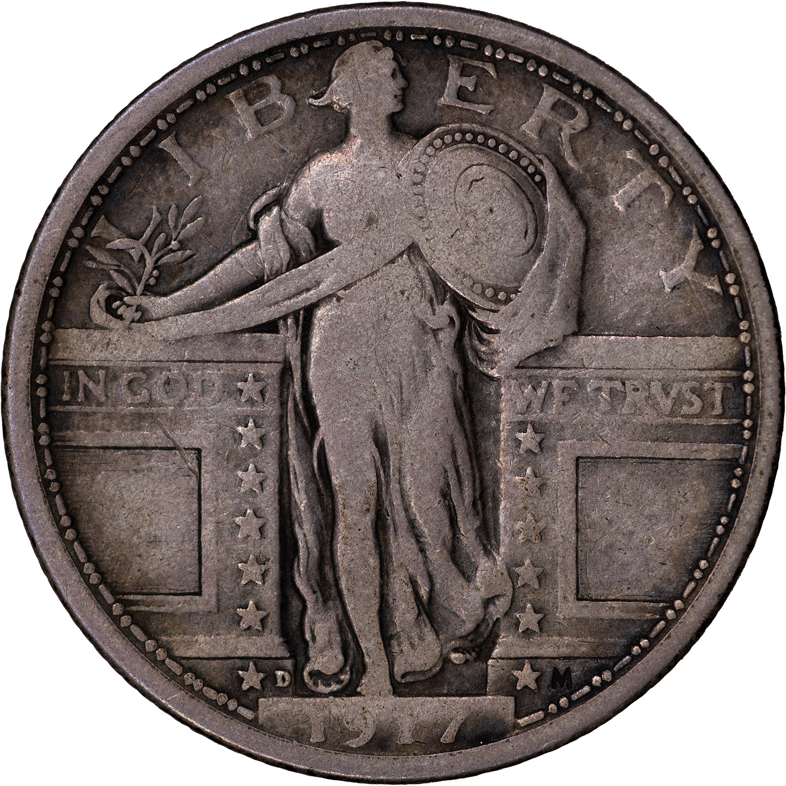 1917 D Type 1 - 25c Standing Liberty Silver Quarter ~ Fine