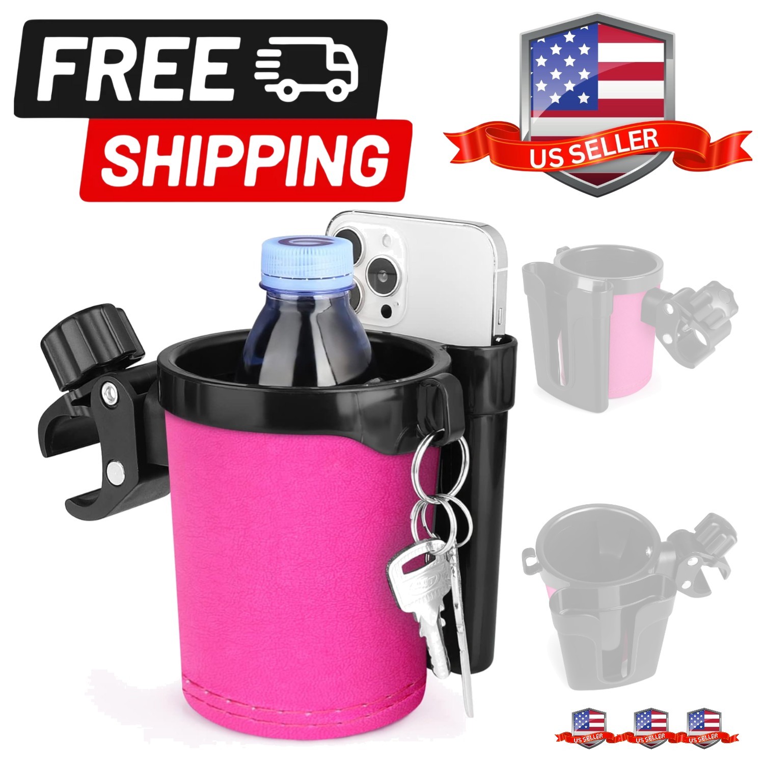 Stroller Cup Holder with Phone Keys Holder, 3-in-1 Universal Cup Holder, Drin...
