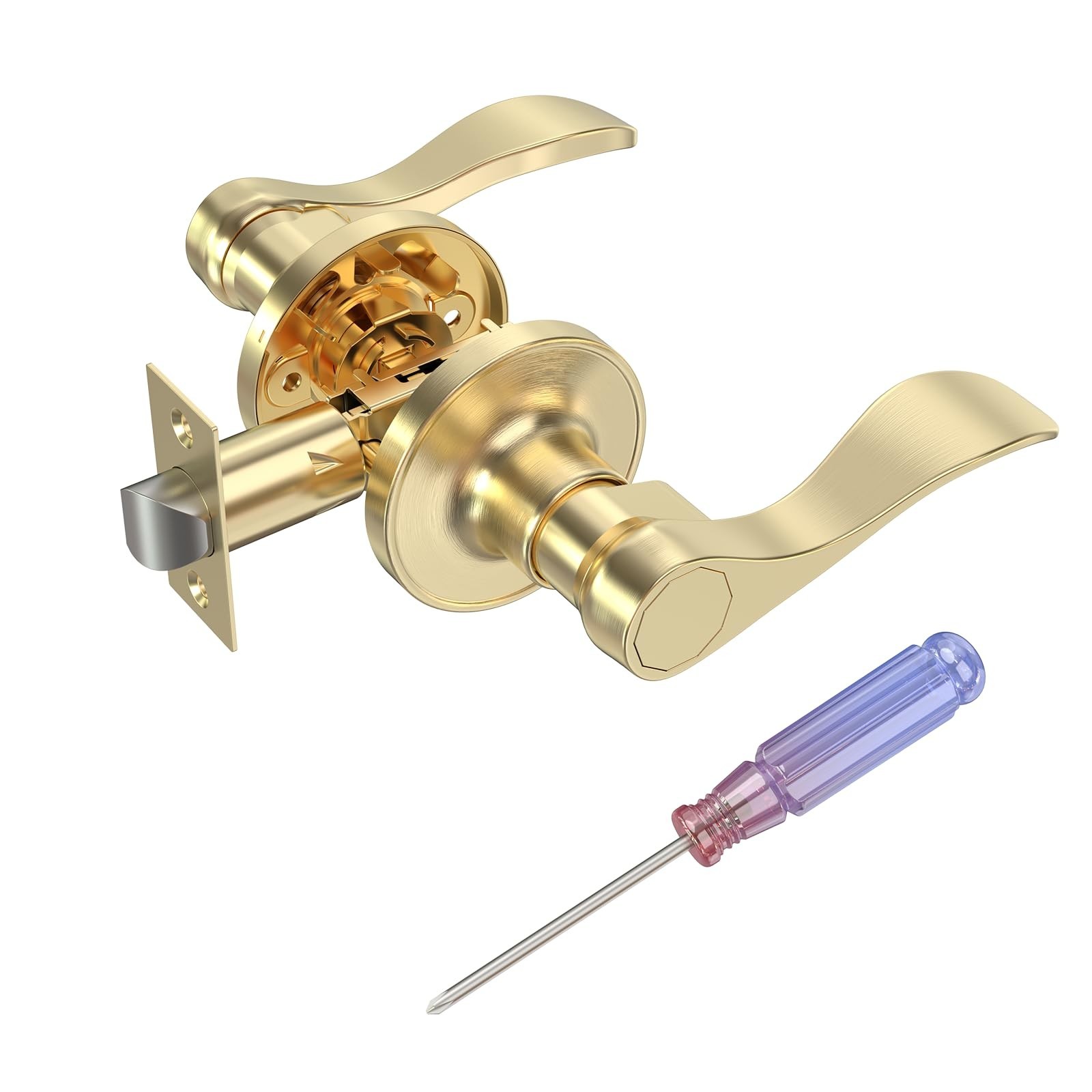 Gold Passage Door Handles, Wave Style Door Levers with Screwdriver, Keyless I...