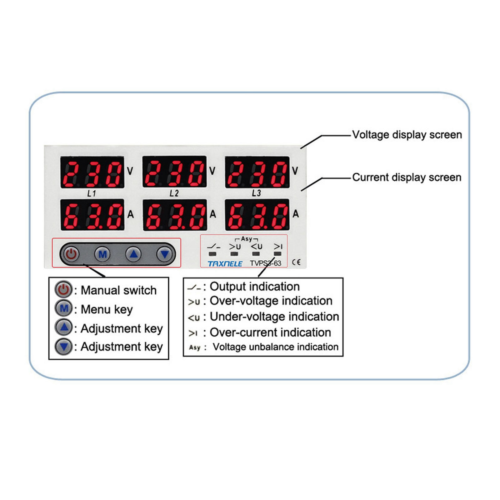 3 Phase DIN Rail Voltmeter Ammeter Automatic Overvoltage Protector 63A Part