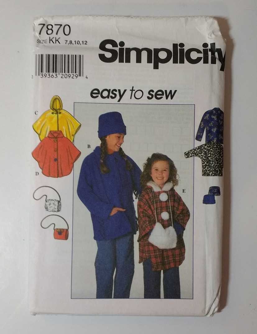 Simplicity 7870 Size 7-12 Girls' Jacket Poncho Hat Muff