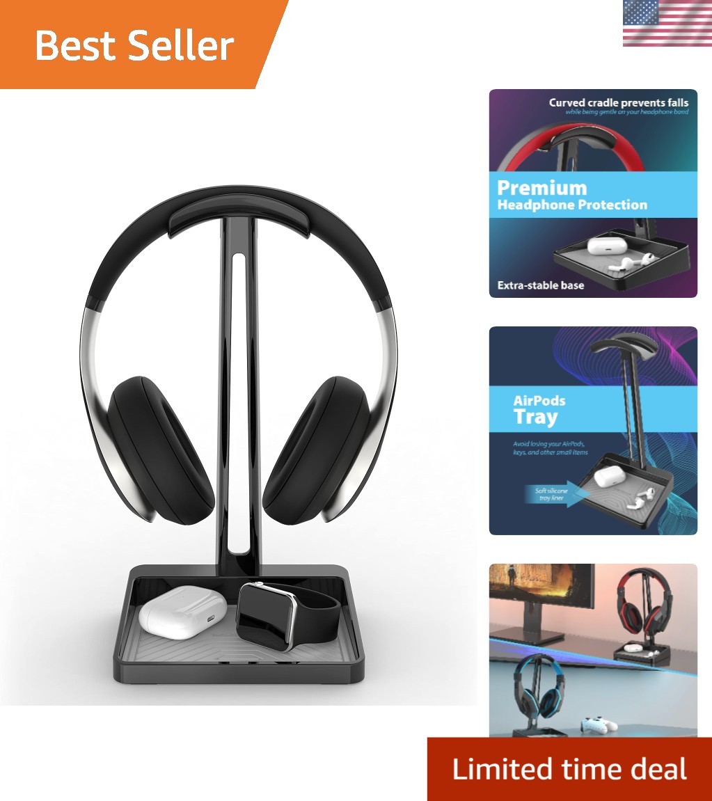 Tall and Sturdy Gaming Headset Stand with Gray Silicone Storage Tray - 10.4"