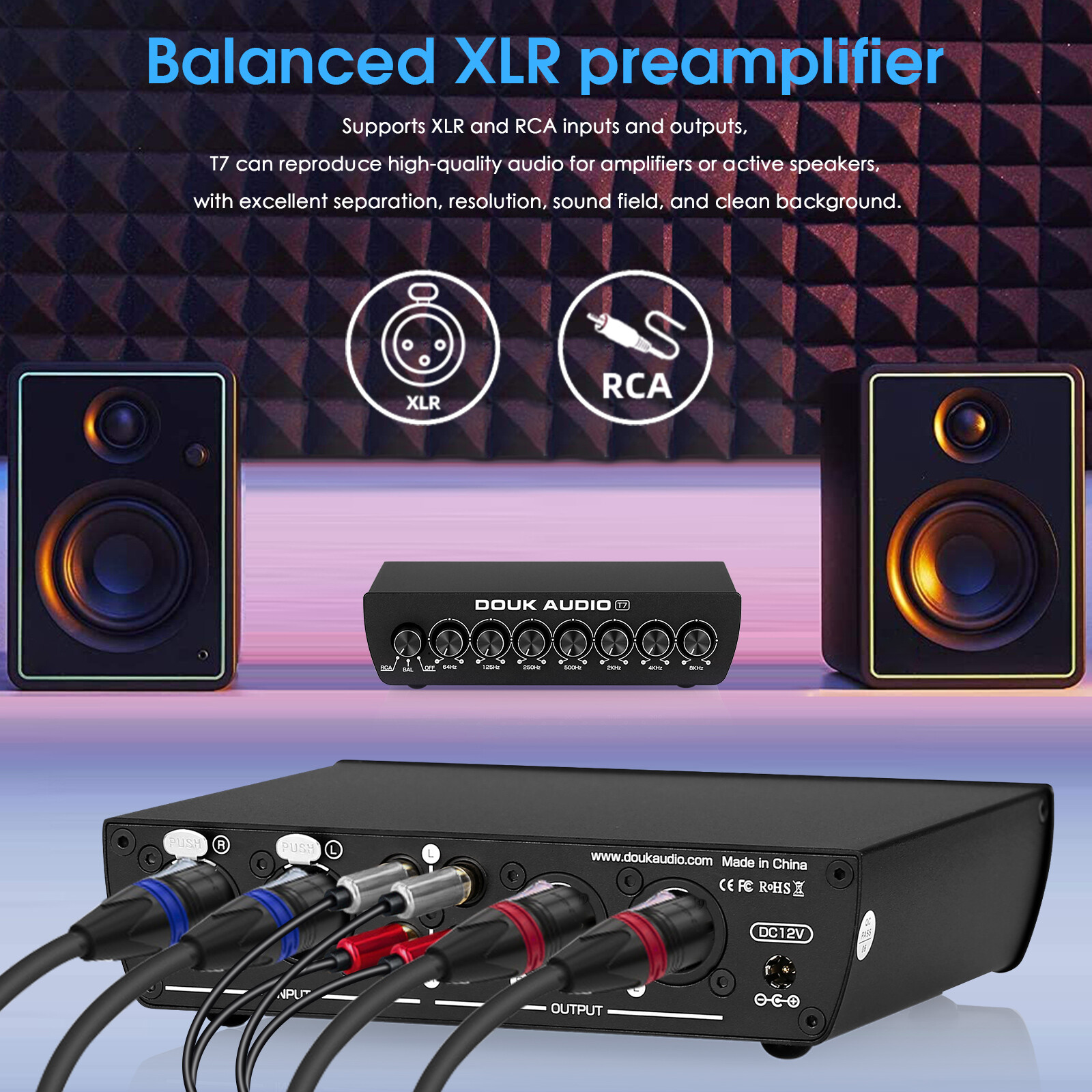 Douk Audio T7 7-Band Audio Equalizer Preamp Balanced XLR / RCA Pre-Amplifier
