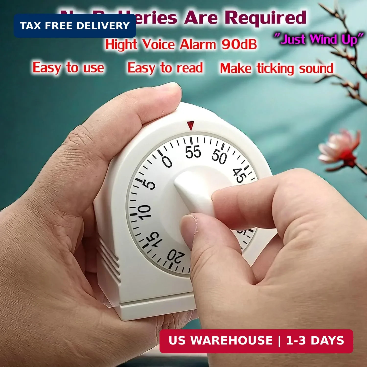 60 Minute Mechanical Wind Up Timer Loud Alarm Visual Countdown White