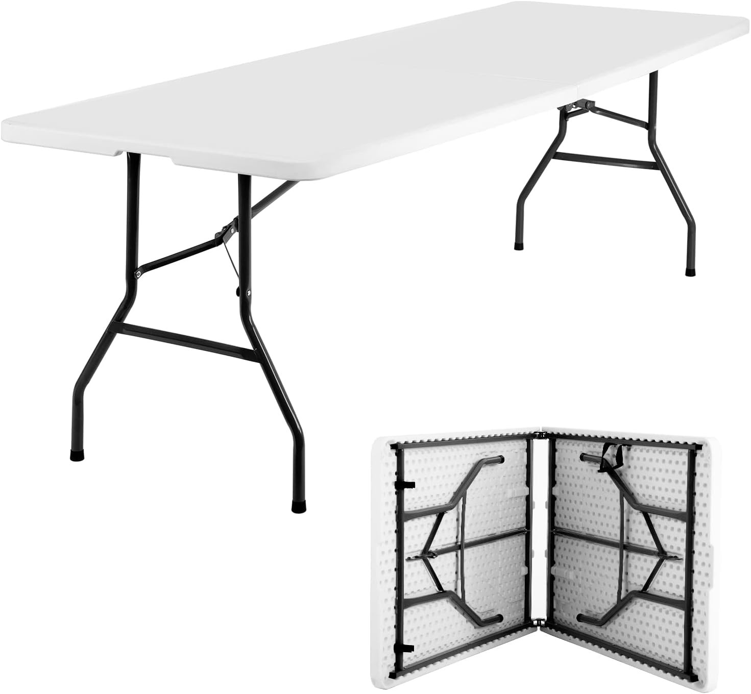 6ft Folding Table White Fold-in-Half Plastic Carry Handle Powder Coated Steel