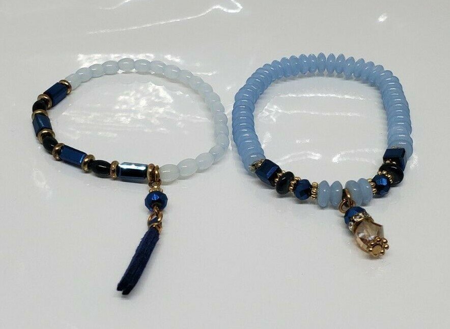 Two Dark and Light Blue Stretch Beaded Bracelets