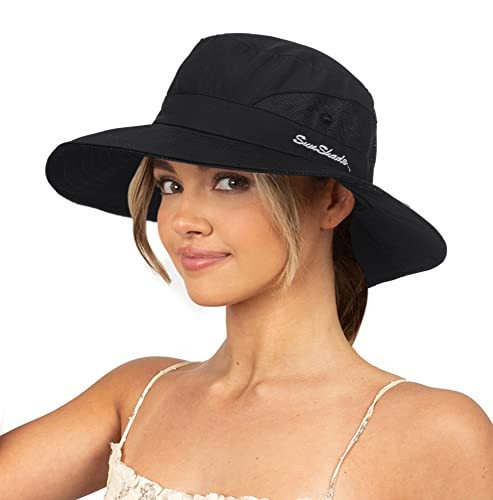 Sun Hat for Women Summer UV Protection Beach Hat Wide Brim Mesh Medium Black