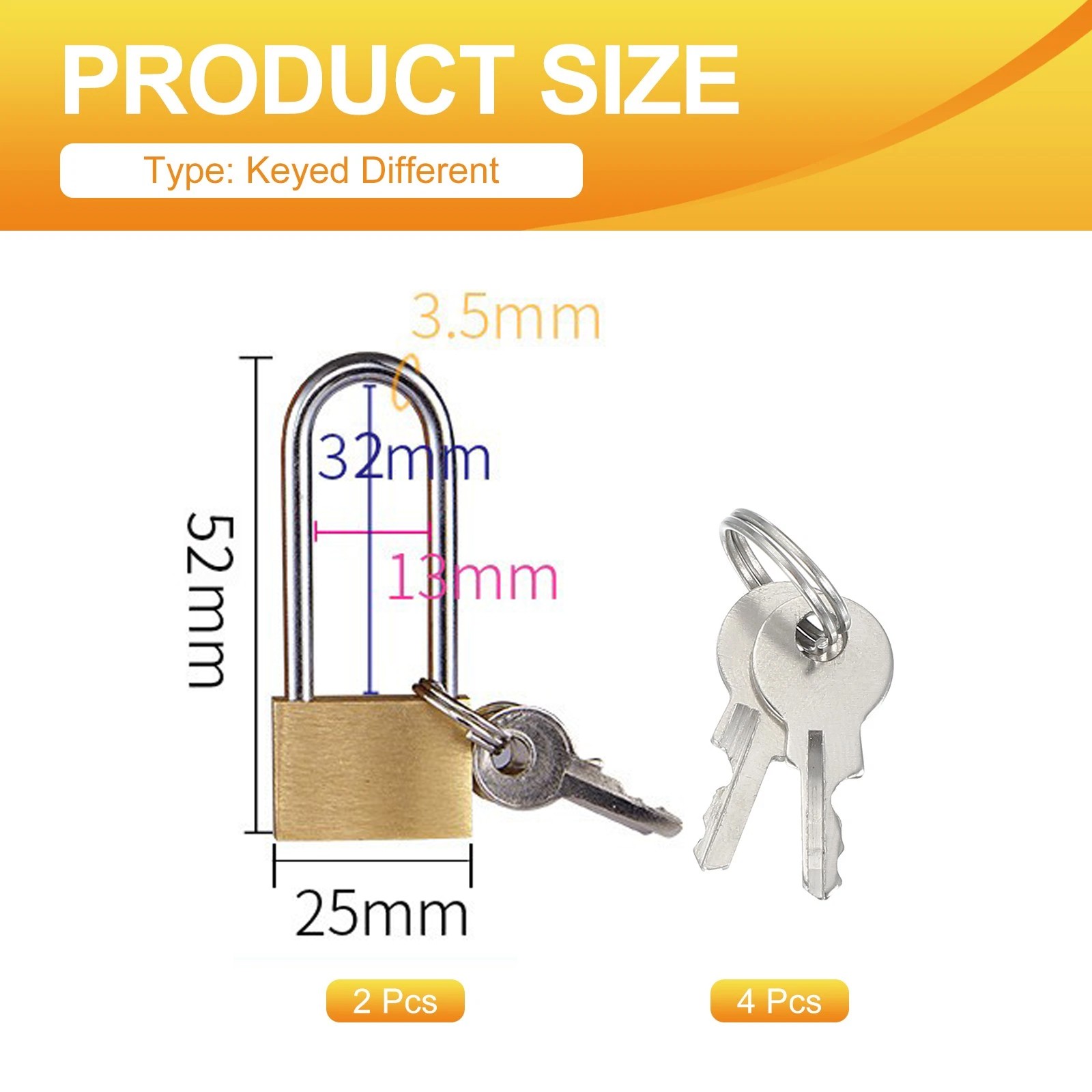 2 Pcs Solid Brass Padlocks 2.05" Long Shackle Lock with 2 Keys