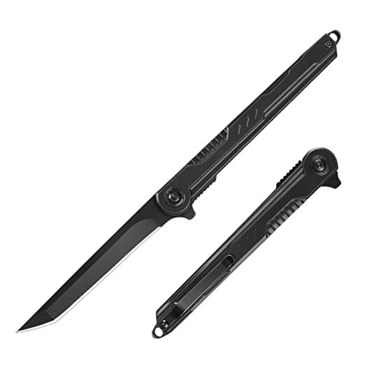 EDC Pocket Knife - 7CR13Mov Steel Tanto Blade, Slim Survival Knife All Black