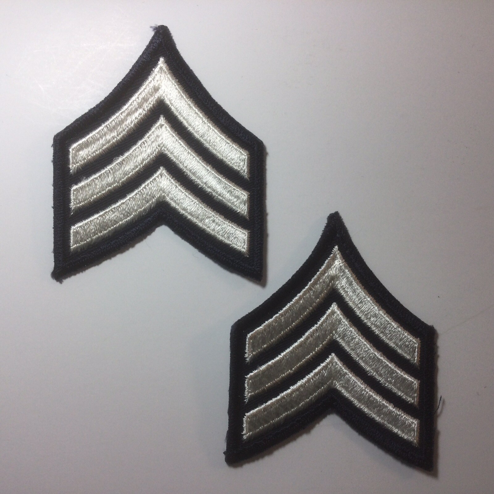 (2) Sergeant Chevron Patch police 3 stripe WHITE on DARK NAVY BLUE