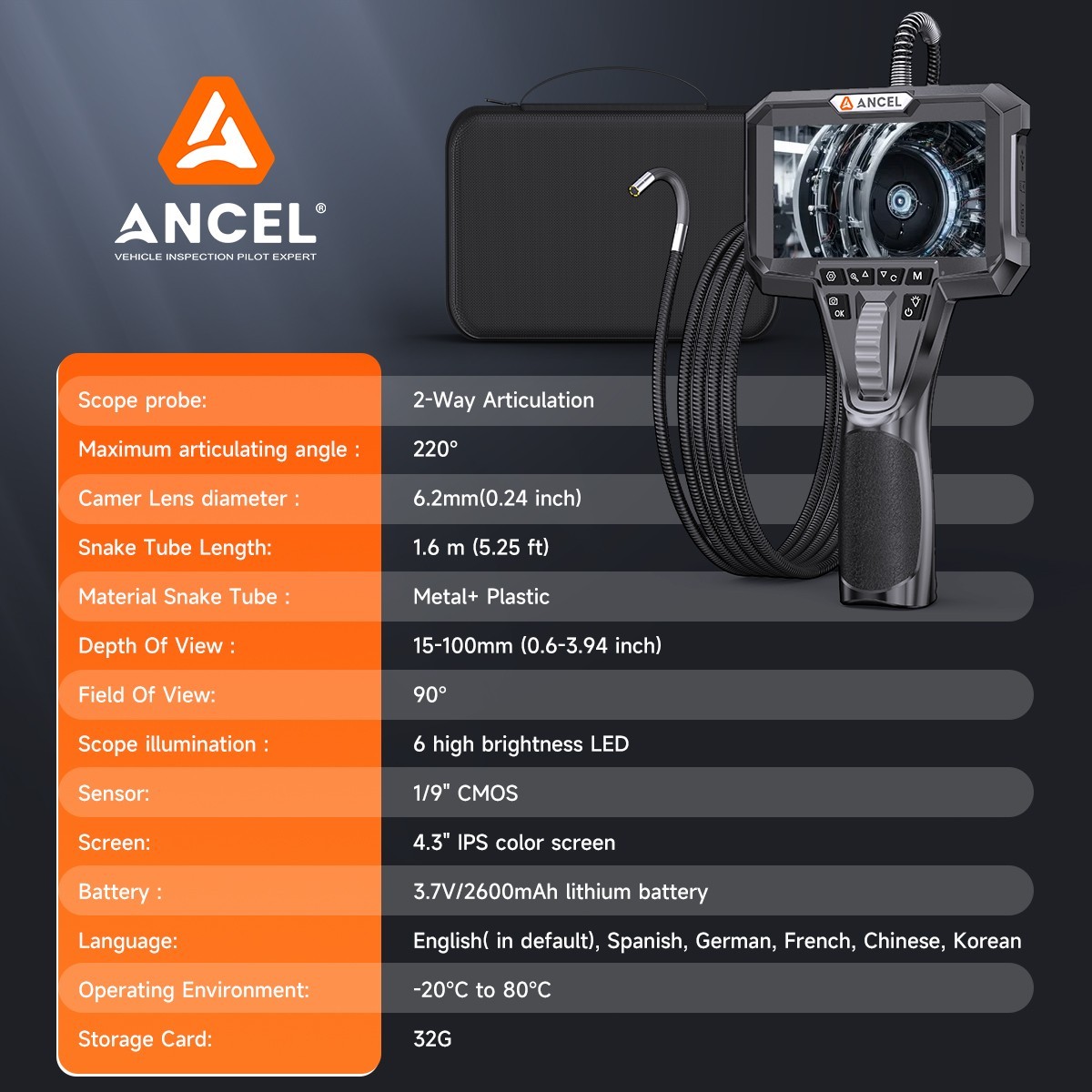 ANCEL AN301 Dural Endscope Camera Borescope 6.2MM Two-way Inspection Tool