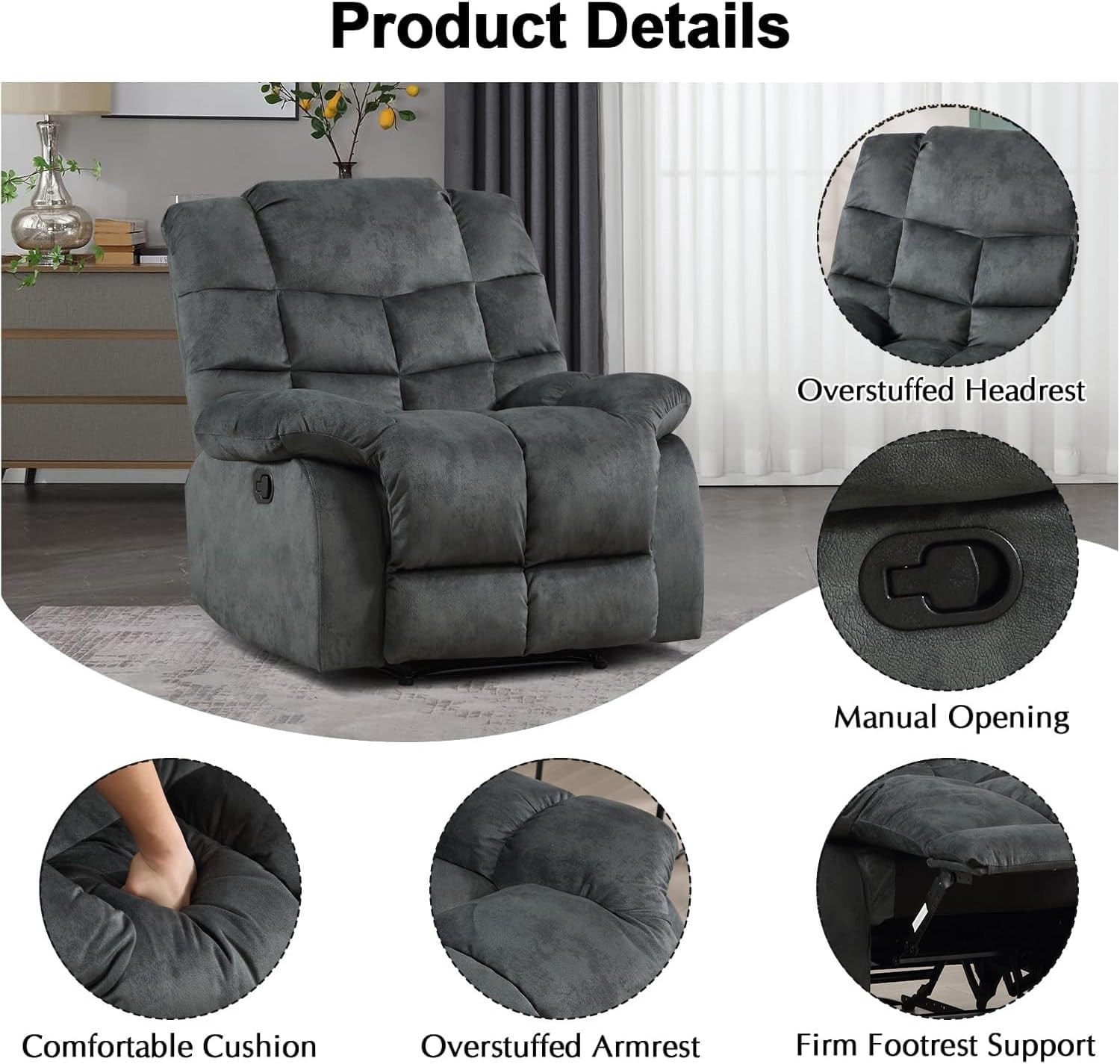 EBELLO Soft Fabric Manual Recliner Chair with Overstuffed Backrest and Armrest