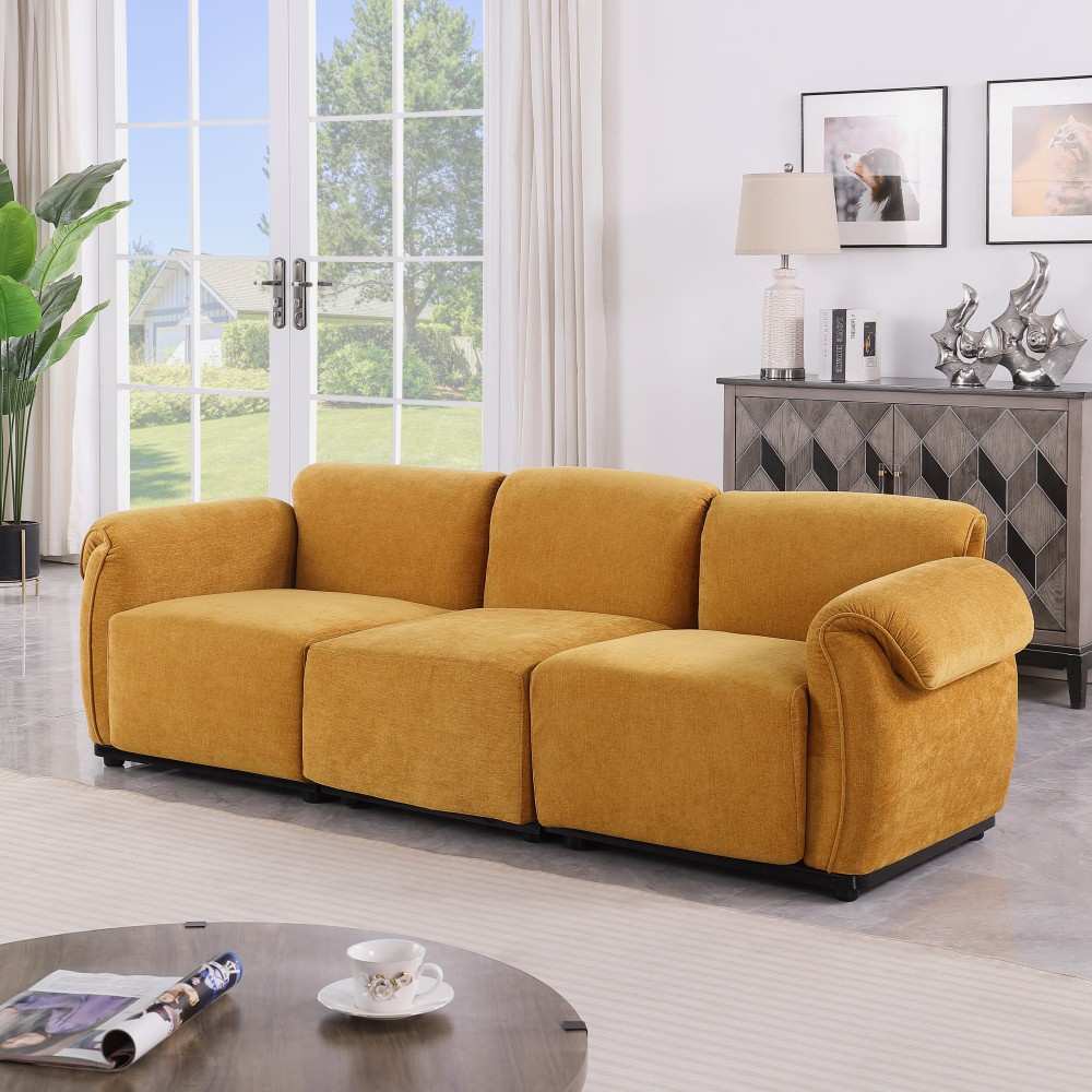 Modern Yellow Chenille 3 Seater Sofa w/ Square Arms - Free Shipping