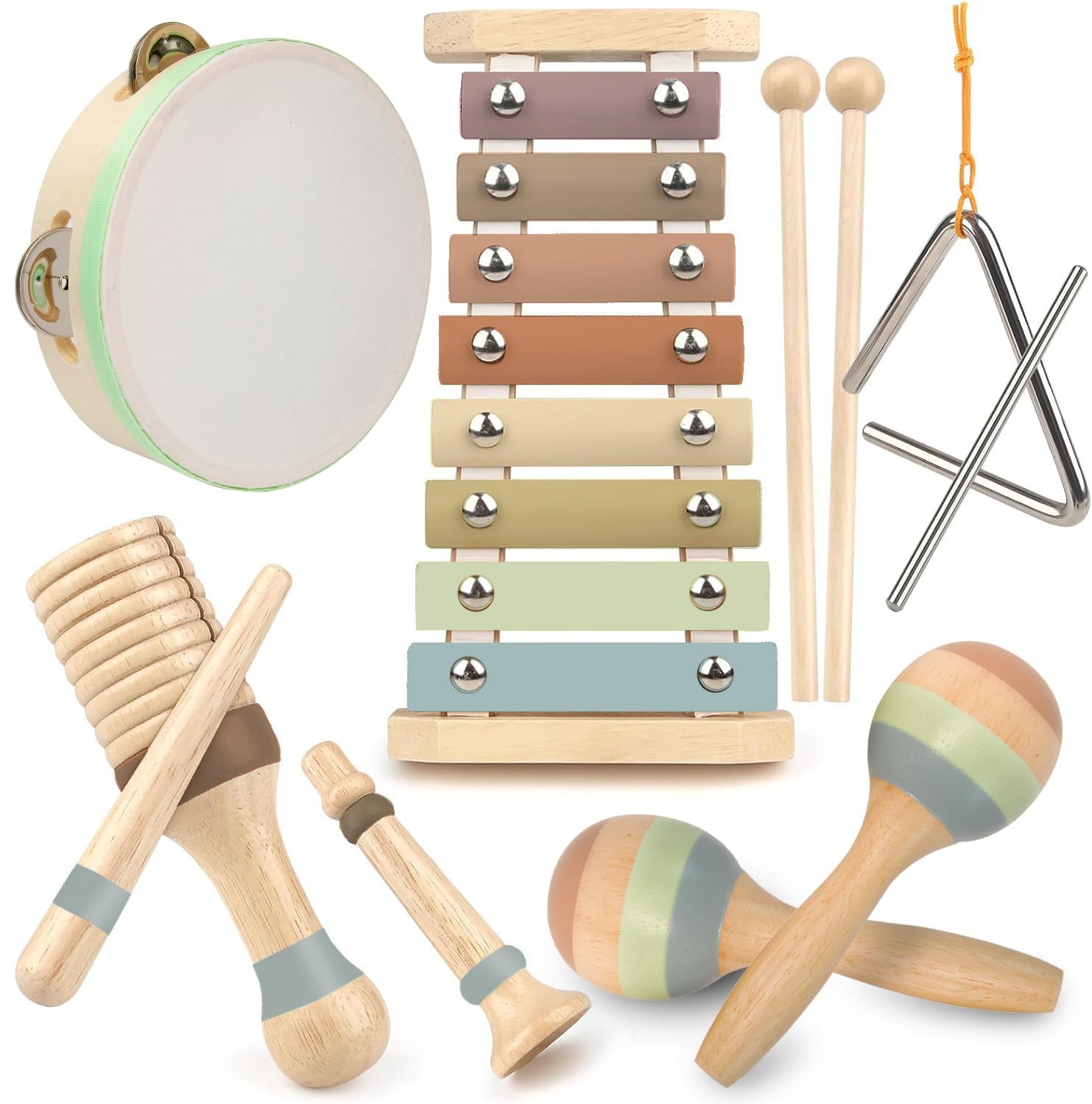 Stoie's Wooden Toddler Musical Instrument Set: Xylophone, Maracas, Triangle, Tam