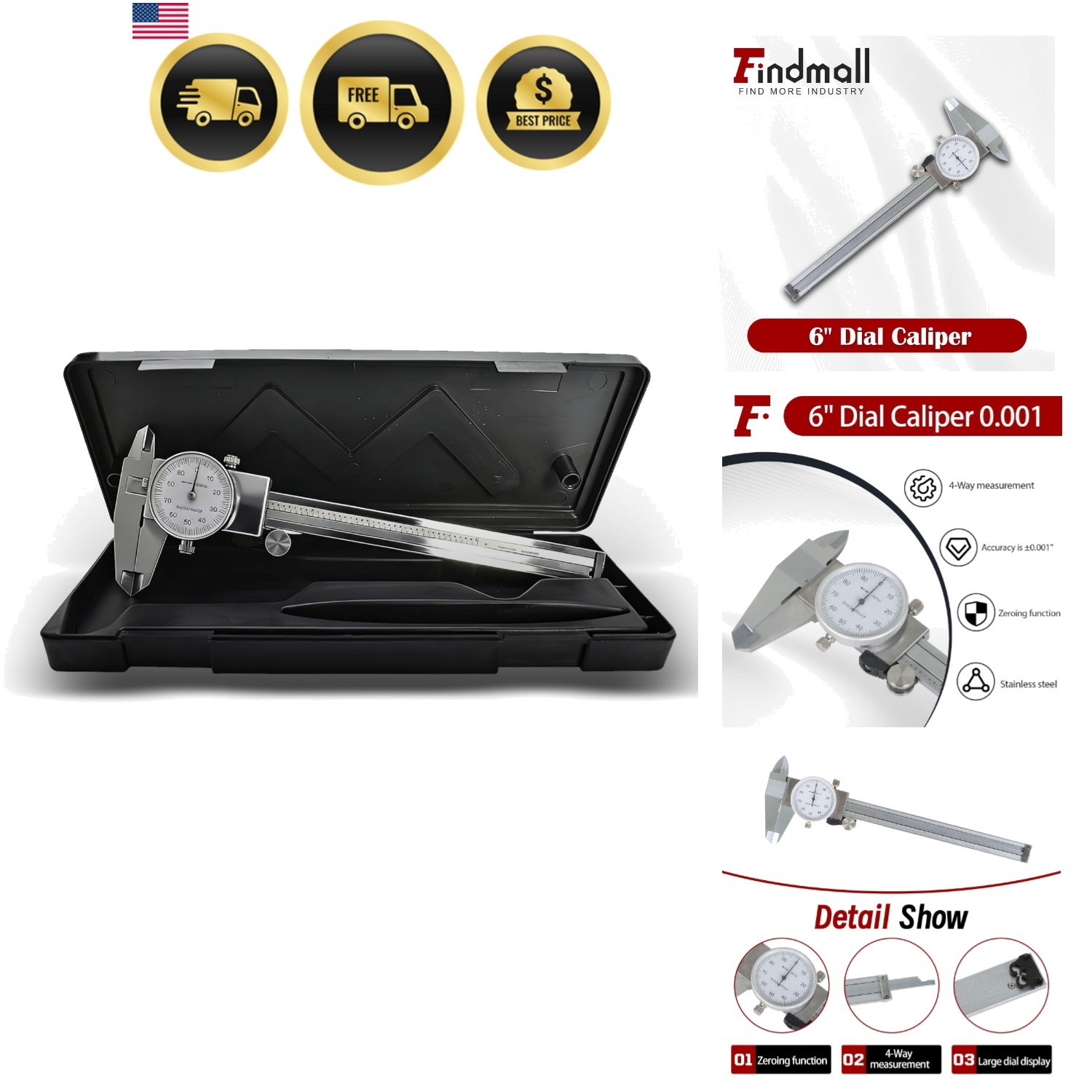 6" Dial Caliper 0.001 Stainless Steel Caliper Measuring Tool 4-Way Measuremen...