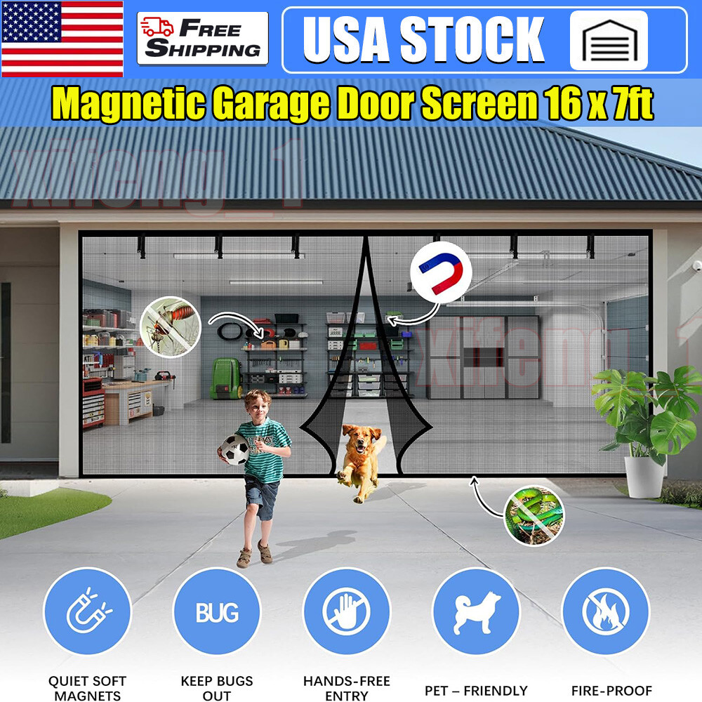 Magnetic Garage Door Screen 16 x 7ft for 2 Cars Heavy-Duty Garage Net Fiberglass