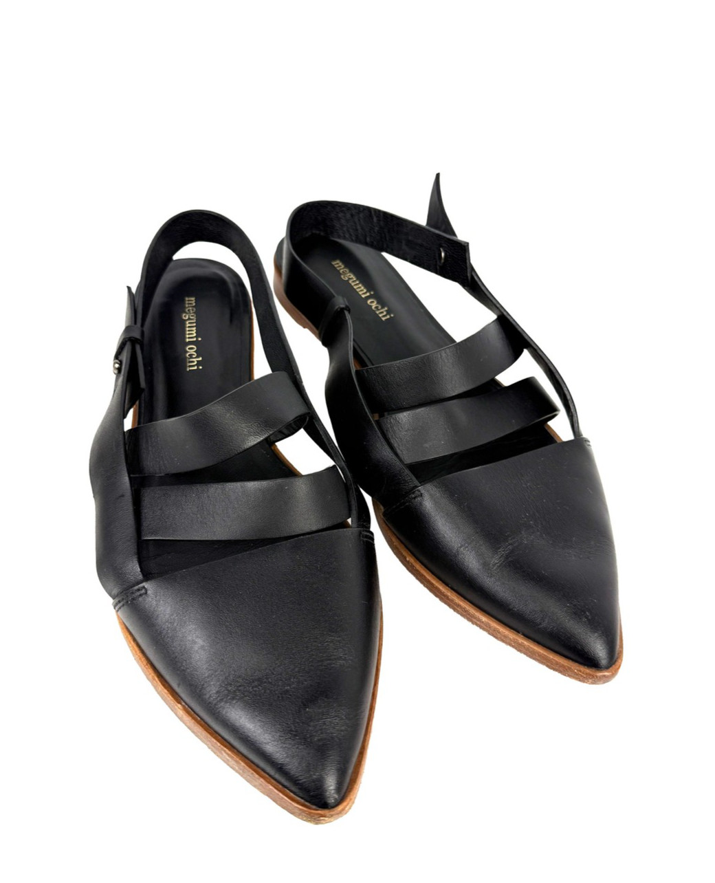 MEGUMI OCHI Black Leather Slingback Pointed Flats Size 38