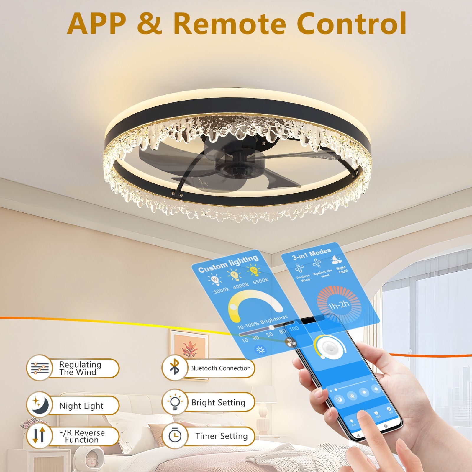 20" Smart Black Ceiling Fan Light – Silent, Reversible for Bedroom