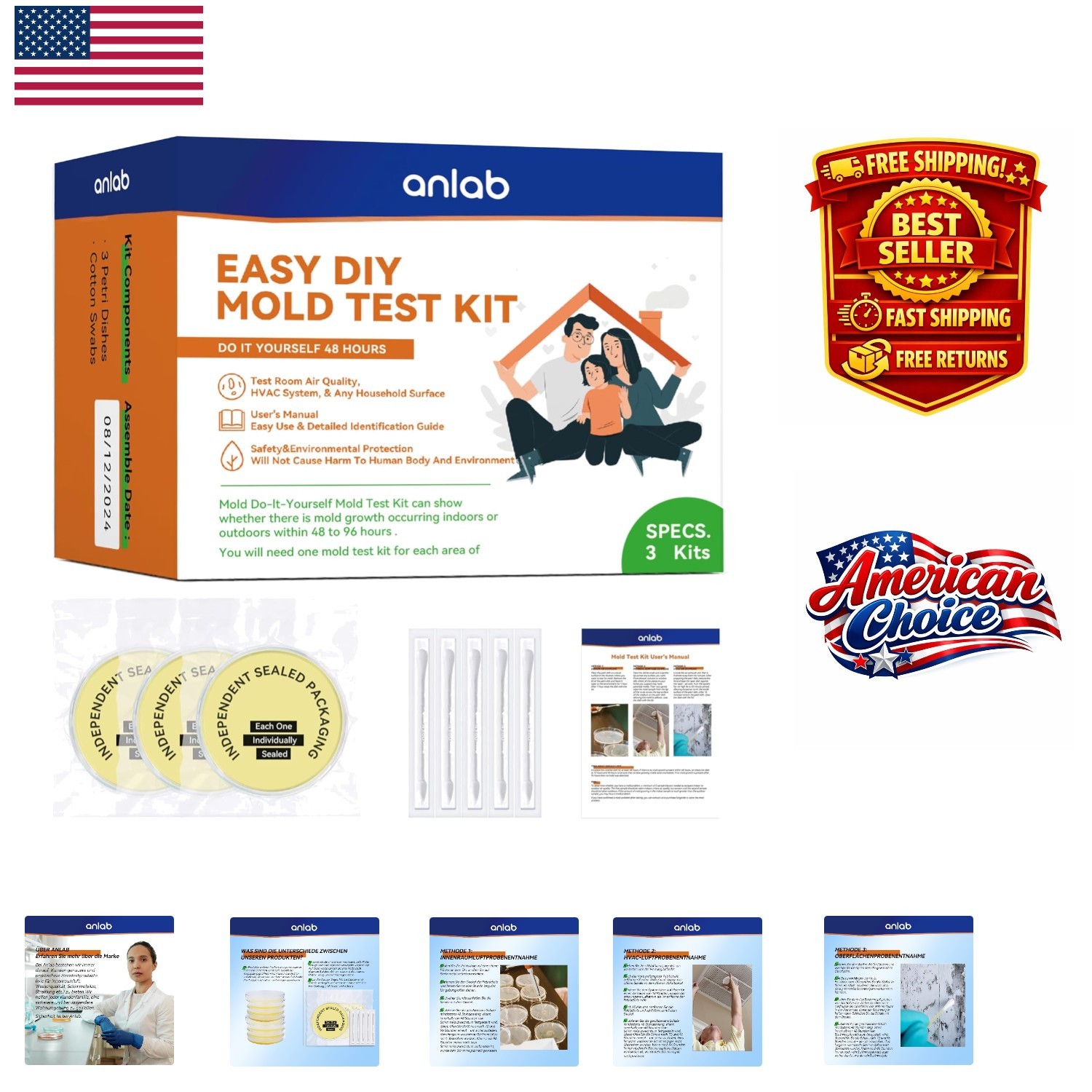 Comprehensive Indoor Mold Testing Kit - 3 Individually Sealed Tests Included