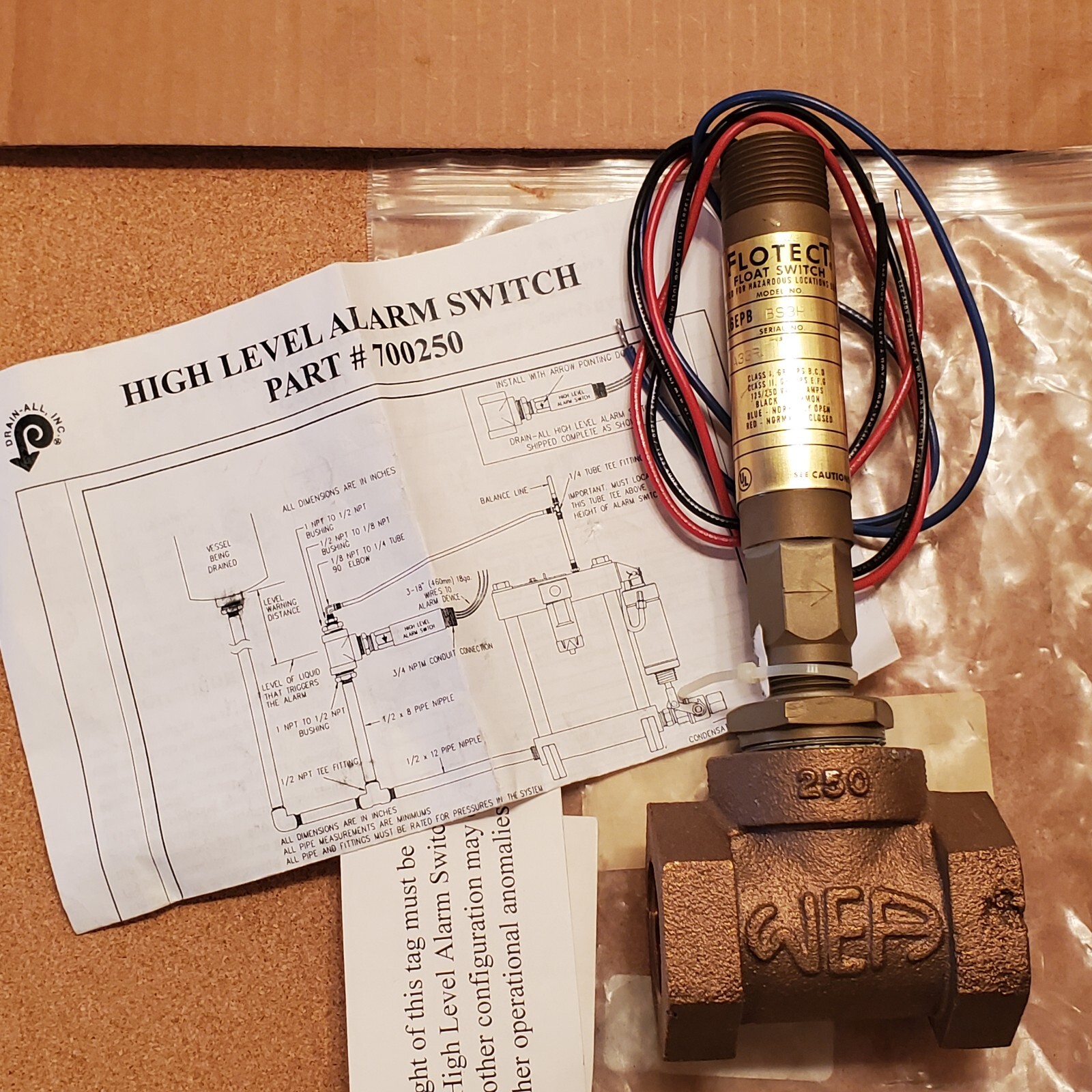 Flotect Drain-All High Liquid Level Float Switch L6EPB-BS3H for Haz Loc - NEW