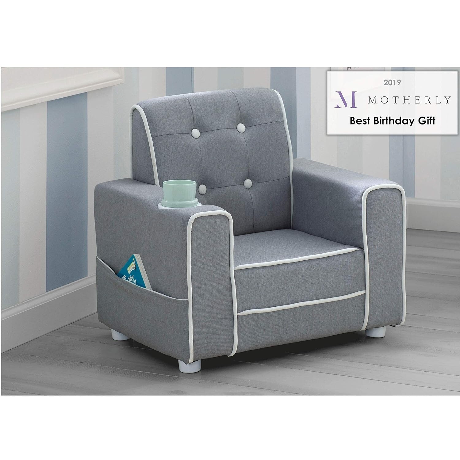 Soft Grey Kids Upholstered Chair with Cup Holder - Durable & Convenient Storage
