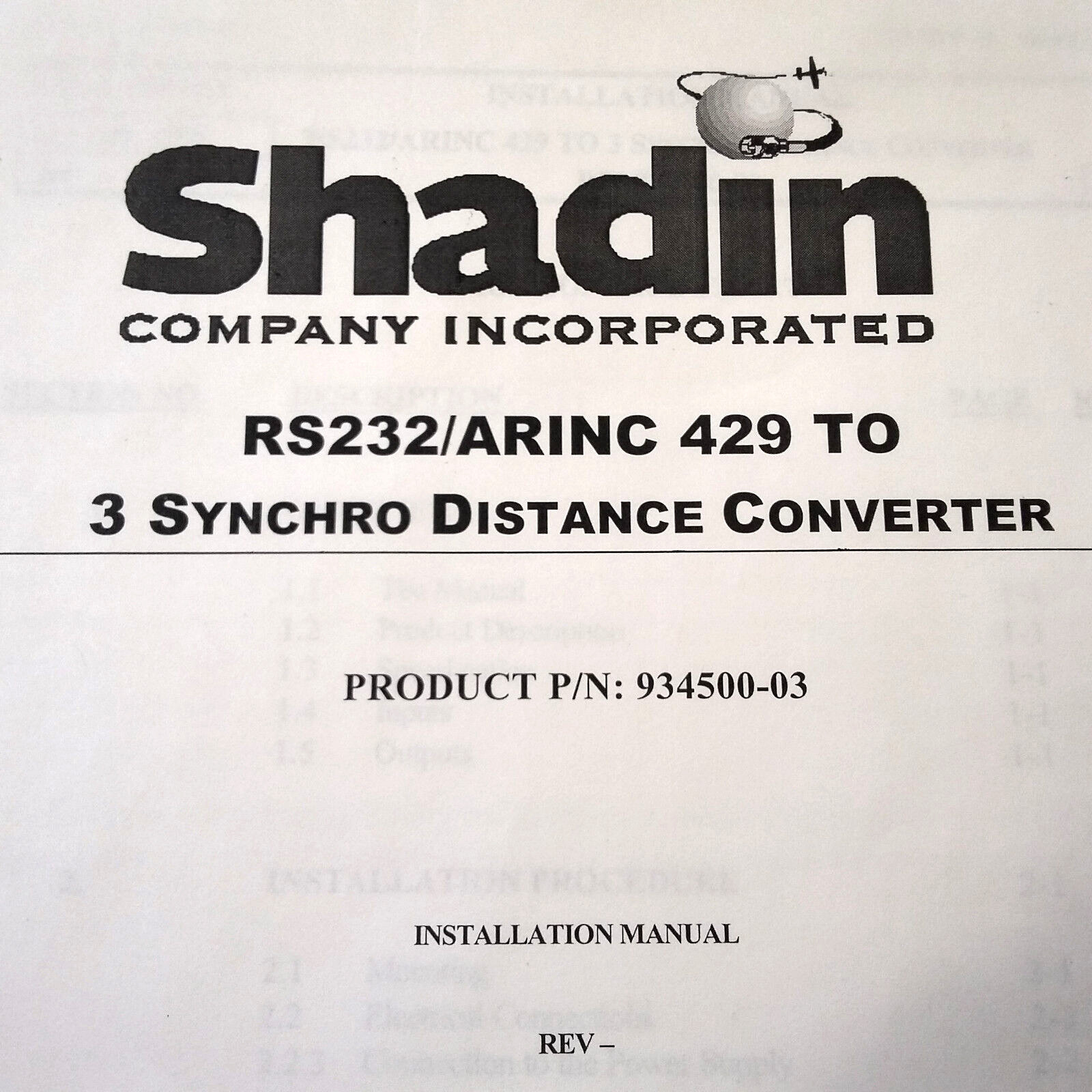 Shadin 934500-3 RS232/ARINC 429 to 3 Synchro Distance Converter Install Manual