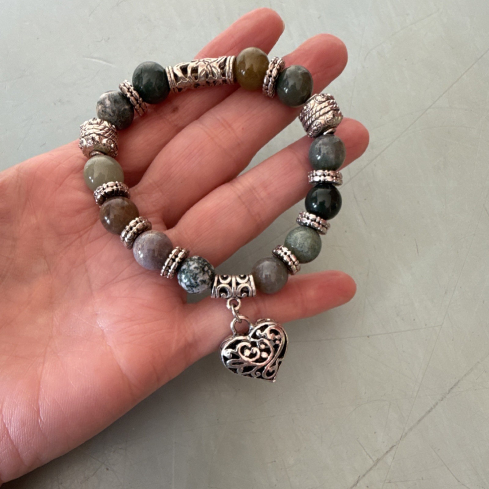 Multicolor Gemstone Beaded Bracelet with Heart Dangle Charm