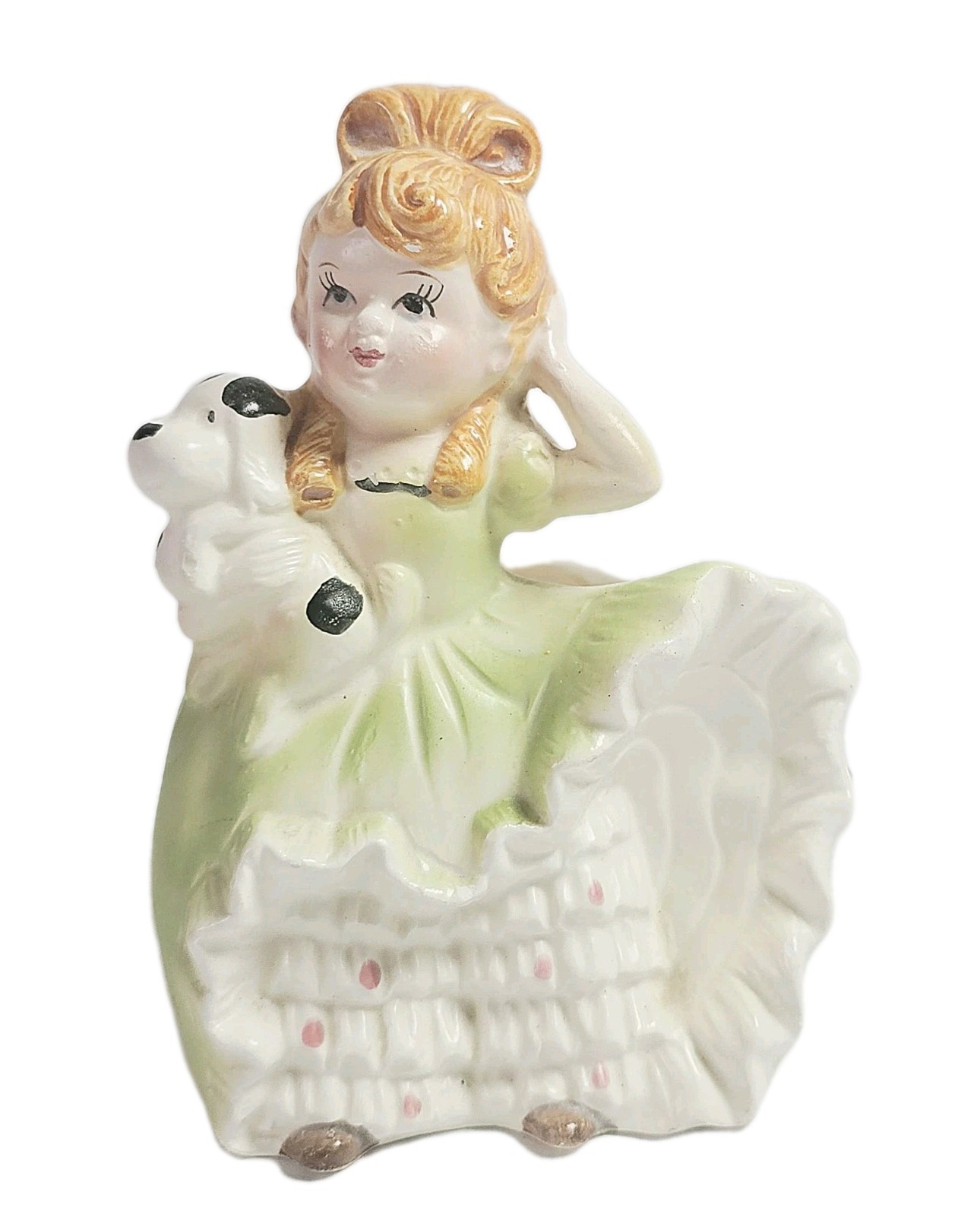 Vintage Young Girl In Green Dress Planter Holding Puppy