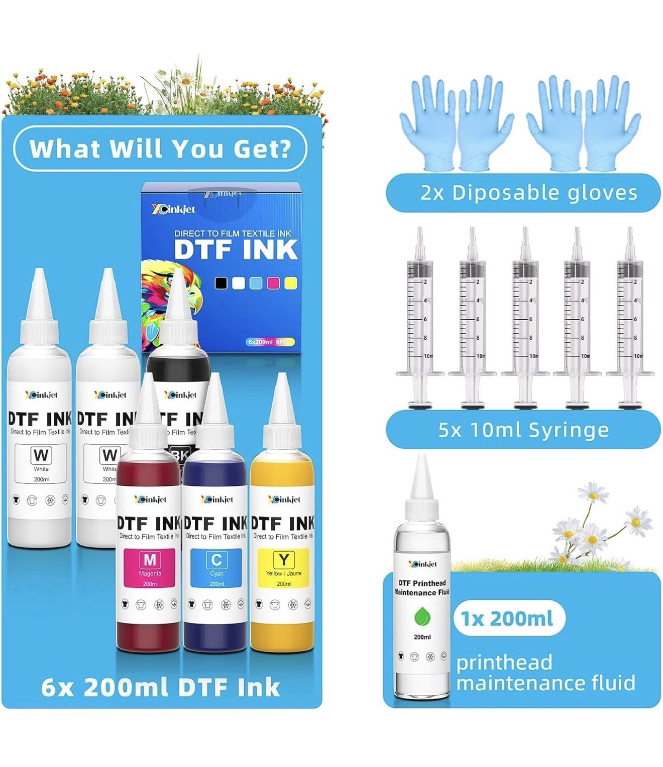 Xcinkjet DTF Ink Refill 200ml 6 Colors with Cleaning Solution for Epson Printers
