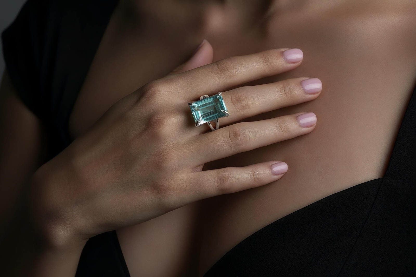 Blue Topaz Ring Anemone Jewelry Sterling Silver Emerald Cut Handmade