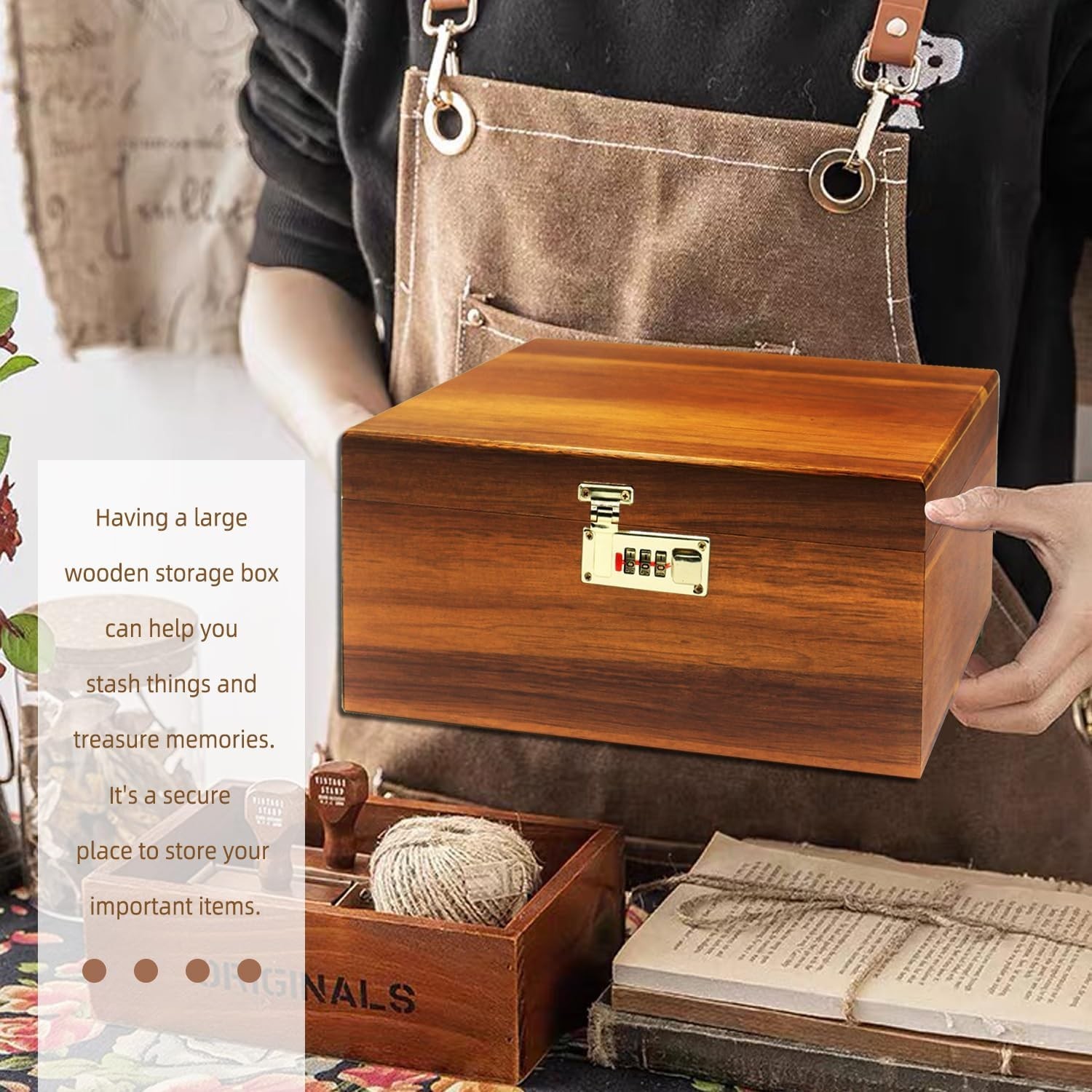 Large Wooden Storage Box with Hinged Lid & Combination Lock Keepsake Chest