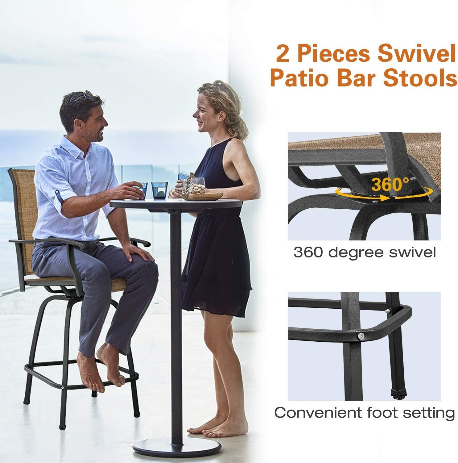 Set of 3 Bistro Bar Stools Set Swivel Bar Height Chair Table Patio Furniture Set