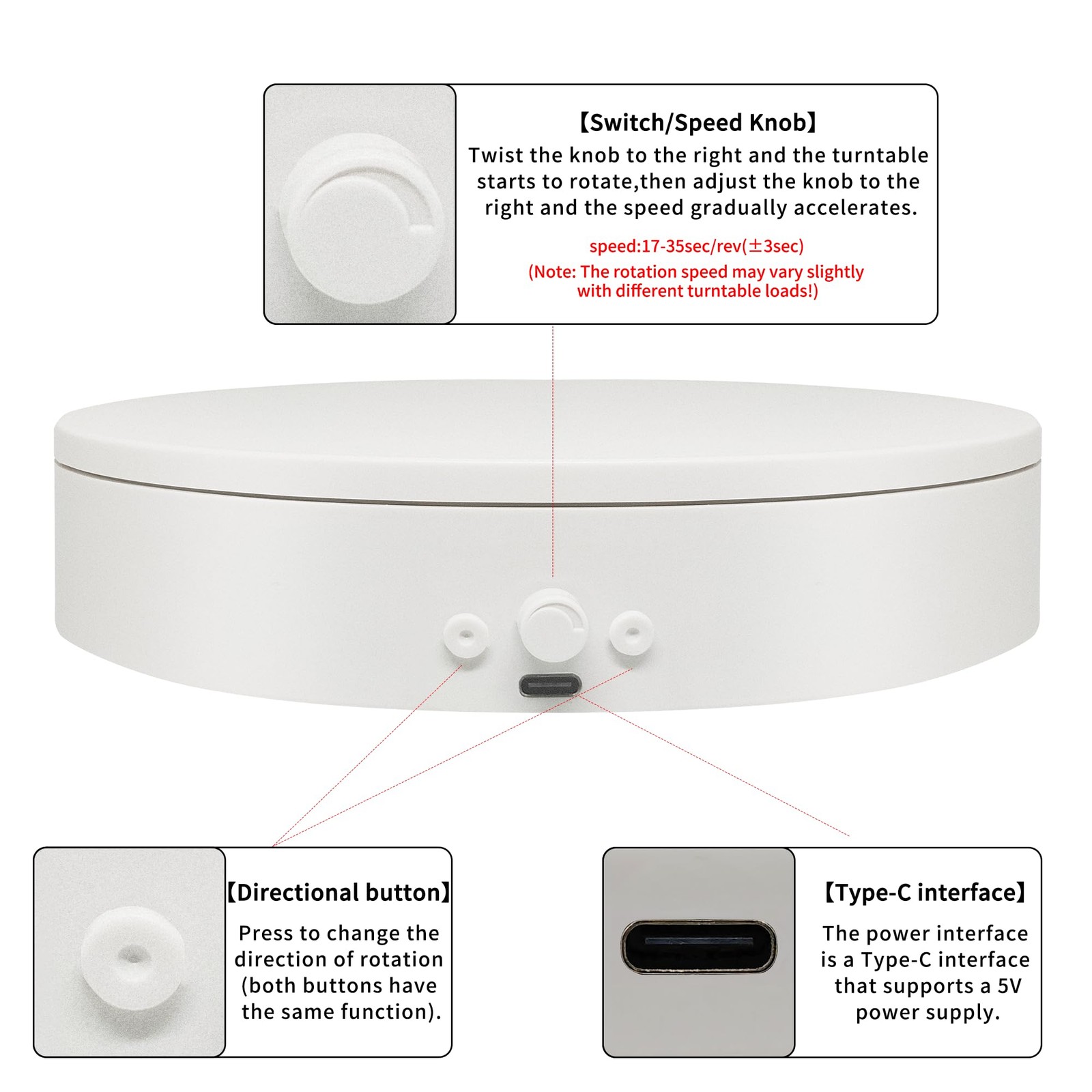 Rotating Display Stand with USB Power Cable, Mute 5.9" white