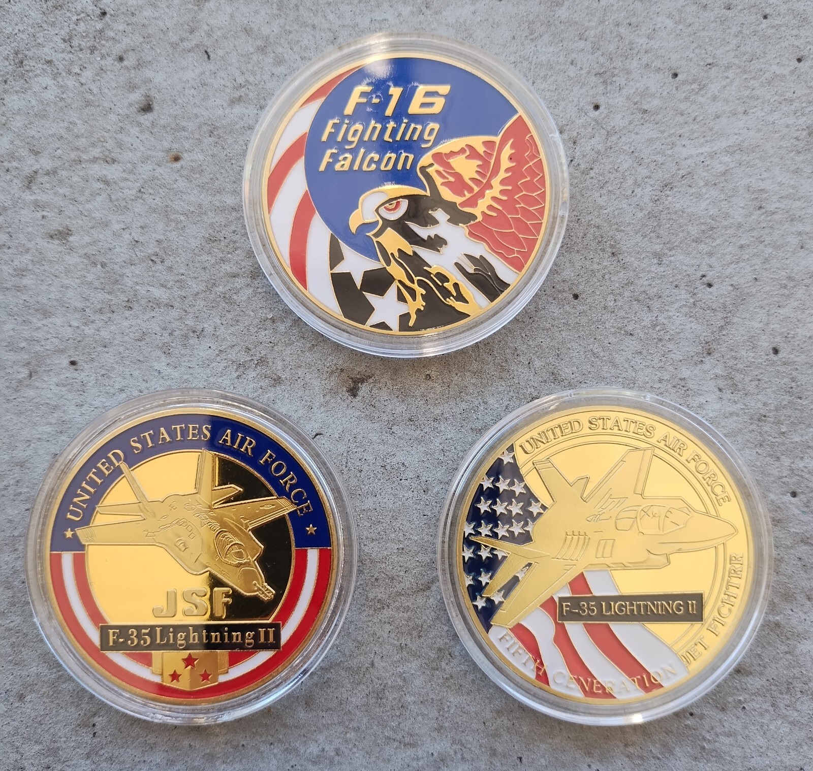 UNITED STATES AIR FORCE USAF, F-16, F-35 LIGHTNING II, CHALLENGE COINS, LOT OF 3