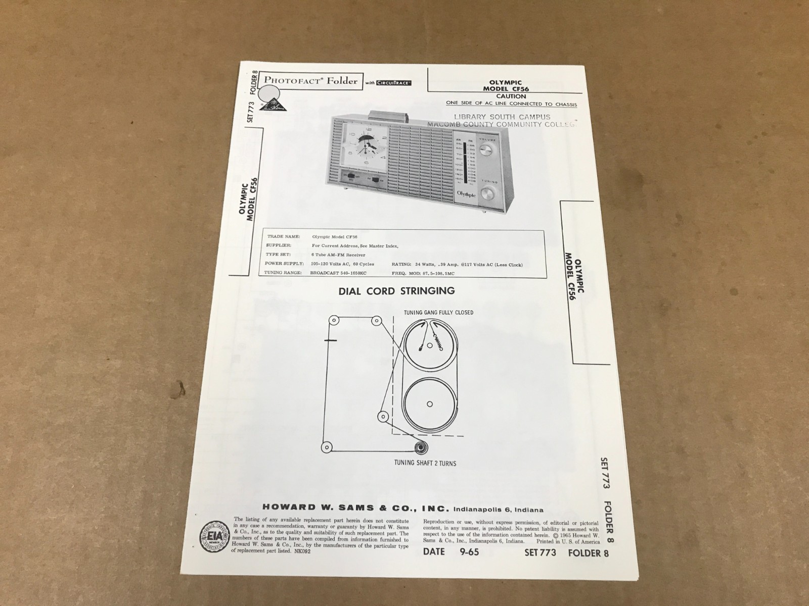 Vintage Photofact Folder - 773-8 - Olympic Model CF56, 6-Tube AM-FM Receiver