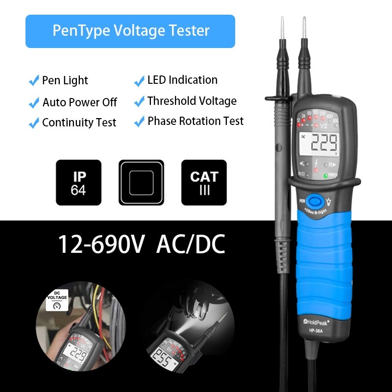 HoldPeak LED 12-690V Voltage Tester AC/DC 3 Phase Rotation FI Switch Test USPS
