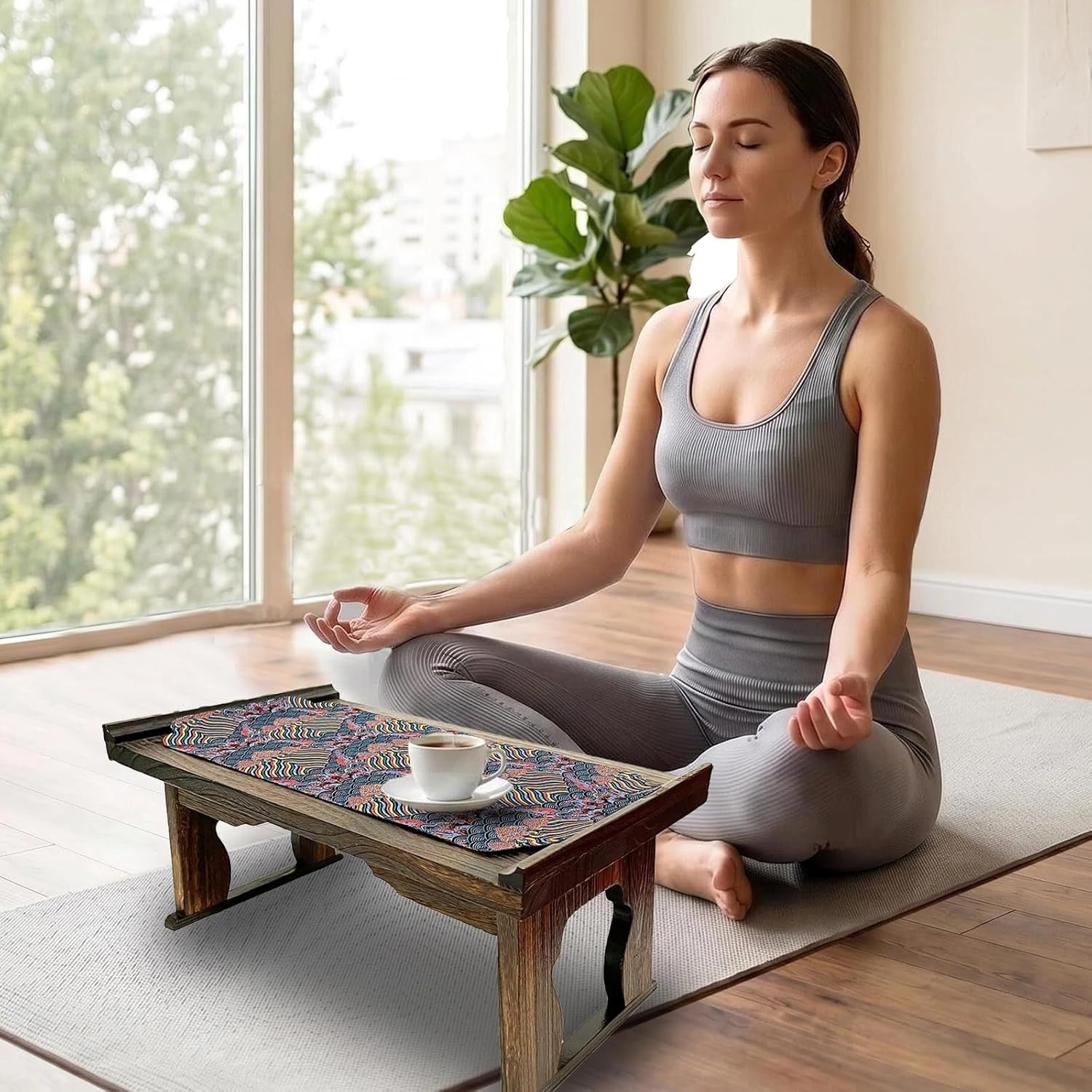 Folding Meditation Table - Japanese Floor & Tea Table, Brown, Compact Design